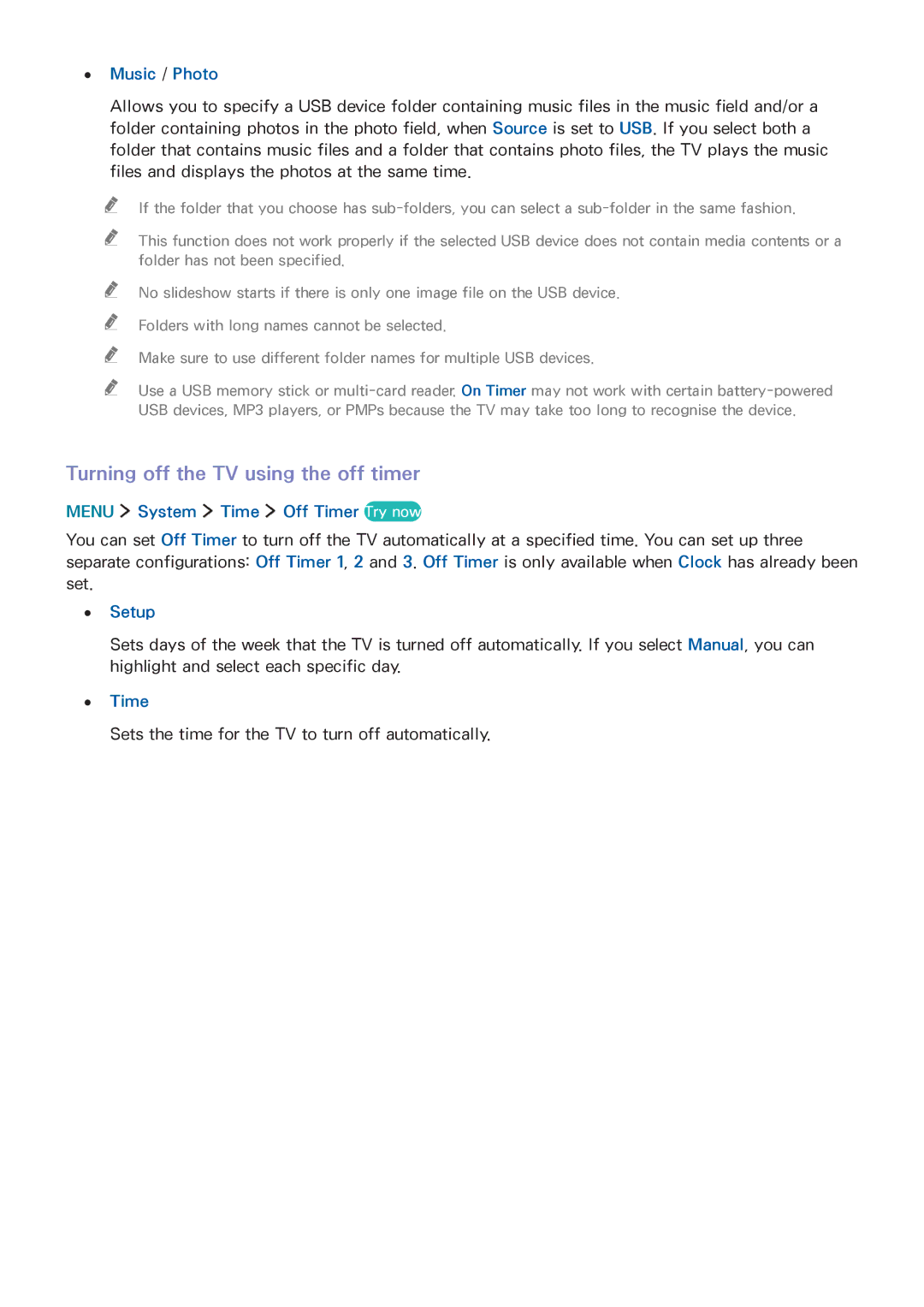Samsung UA48J6300AKXXV manual Turning off the TV using the off timer, Music / Photo, Menu System Time Off Timer Try now 