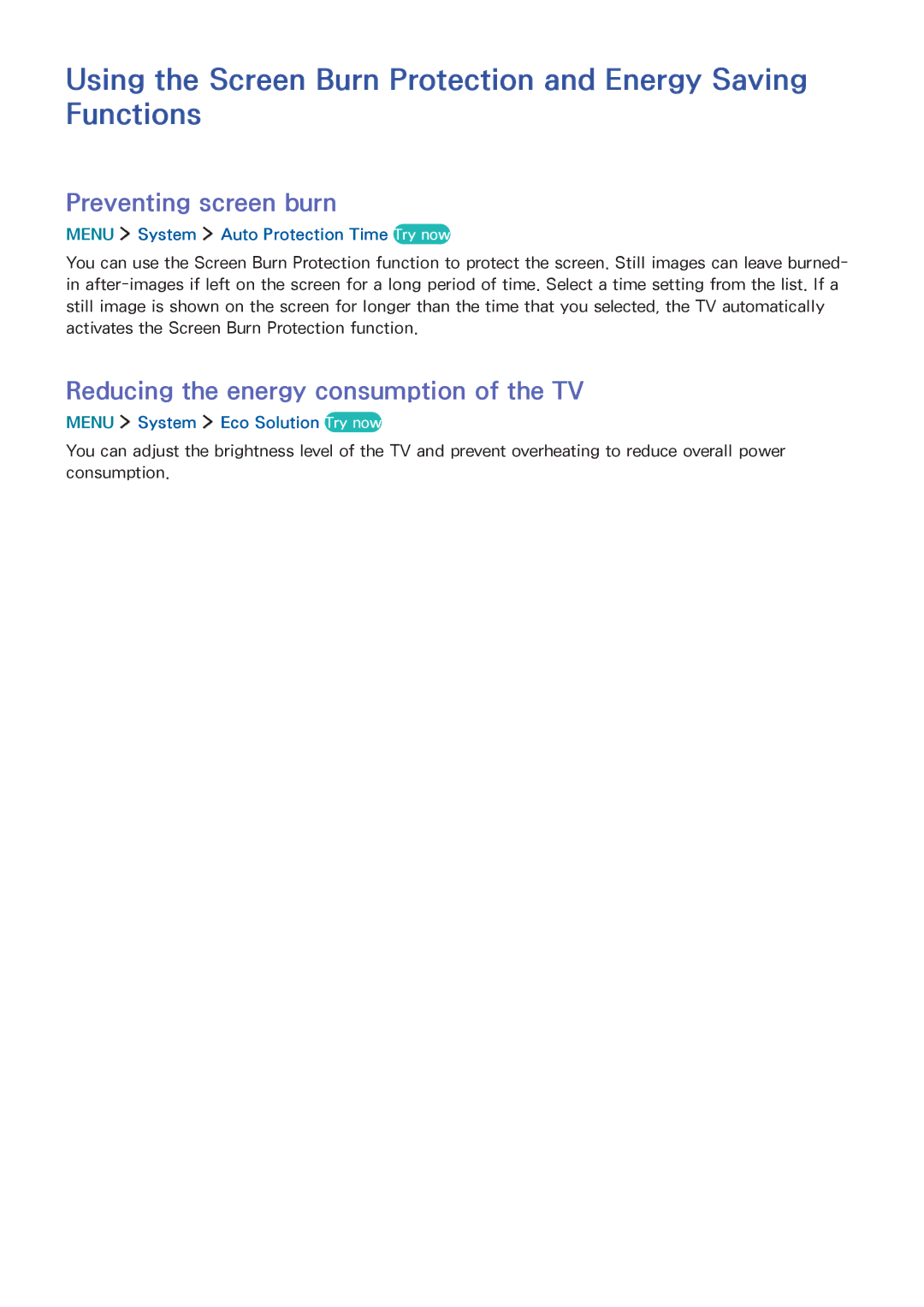 Samsung UA40J5500AKXXV Preventing screen burn, Reducing the energy consumption of the TV, Menu System Eco Solution Try now 