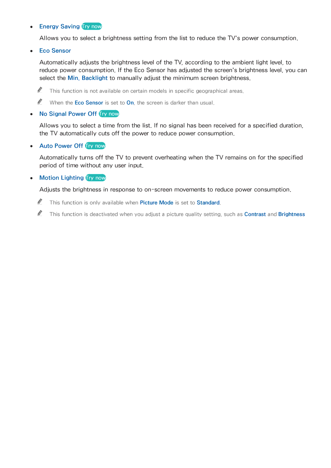 Samsung UA55J5500AKXXV manual Energy Saving Try now, Eco Sensor, No Signal Power Off Try now, Auto Power Off Try now 