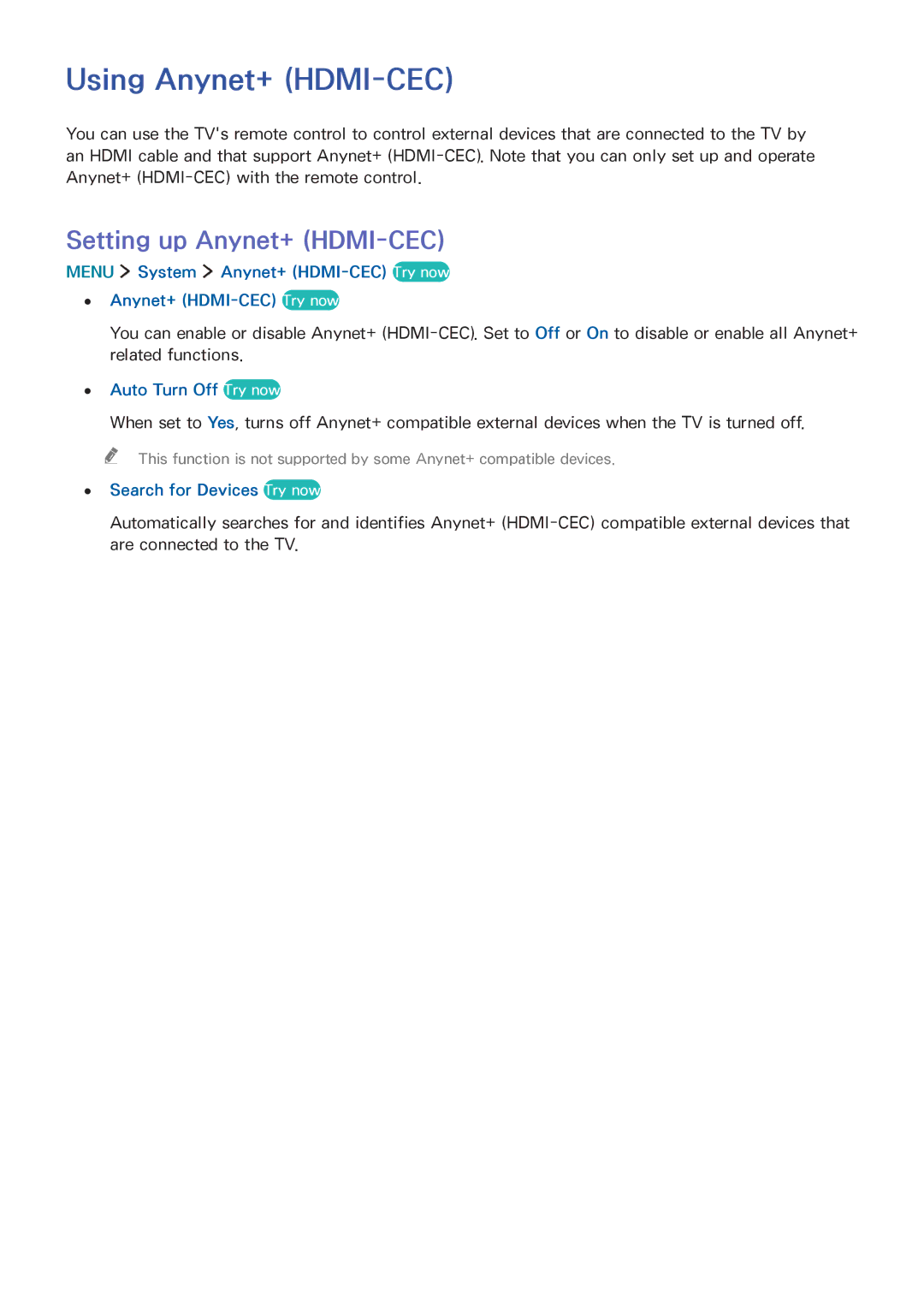 Samsung UA60J6200AKXXV, UA32J5500AKXXV manual Using Anynet+ HDMI-CEC, Setting up Anynet+ HDMI-CEC, Auto Turn Off Try now 