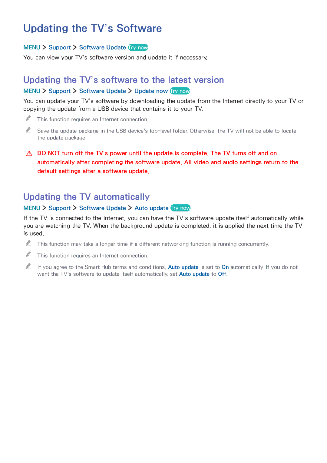 Samsung UA55J6300AWXSQ, UA32J5500AKXXV manual Updating the TV’s Software, Updating the TV’s software to the latest version 