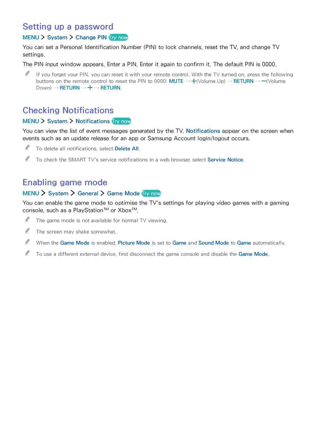Samsung UA40J5500AWXSQ, UA32J5500AKXXV, UA43J5520AKXXV Setting up a password, Checking Notifications, Enabling game mode 