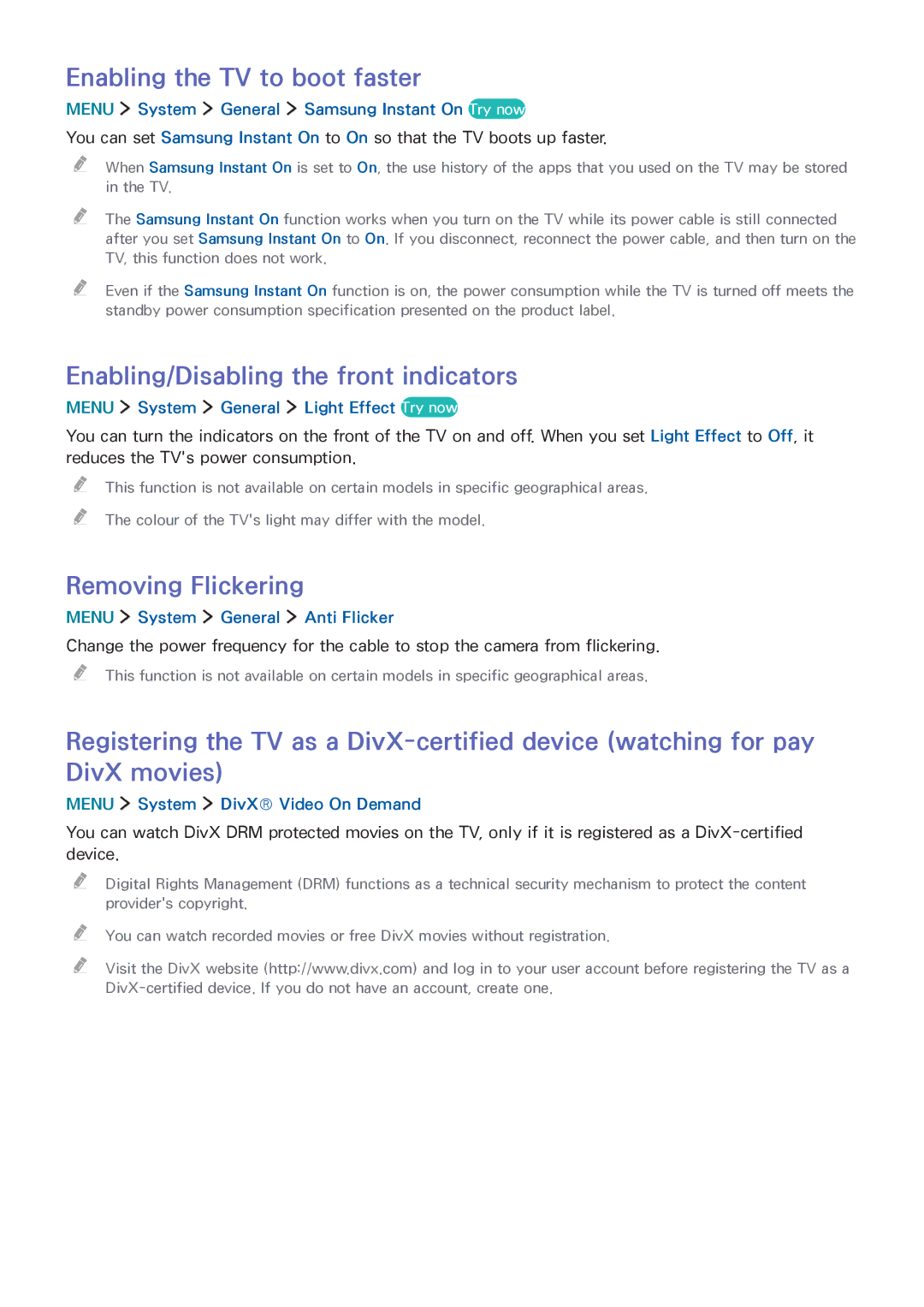 Samsung UA50J5500AWXSQ manual Enabling the TV to boot faster, Enabling/Disabling the front indicators, Removing Flickering 