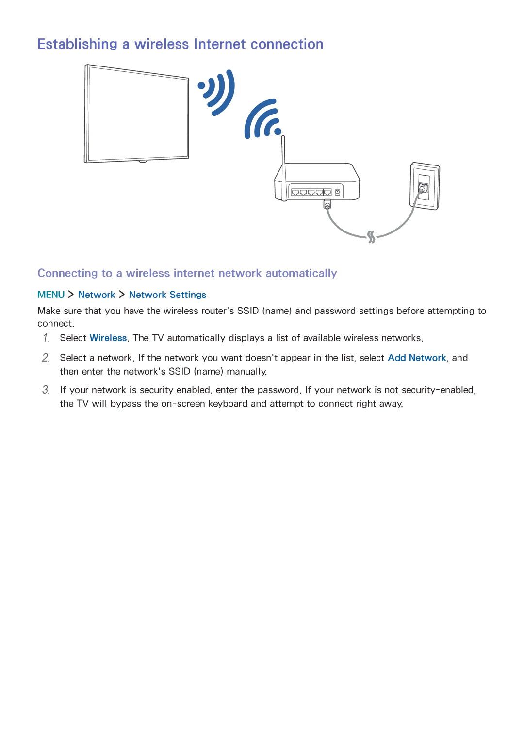 Samsung UA55J5500AKXXV, UA32J5500AKXXV, UA43J5520AKXXV, UA40J6200AKXXV manual Establishing a wireless Internet connection 