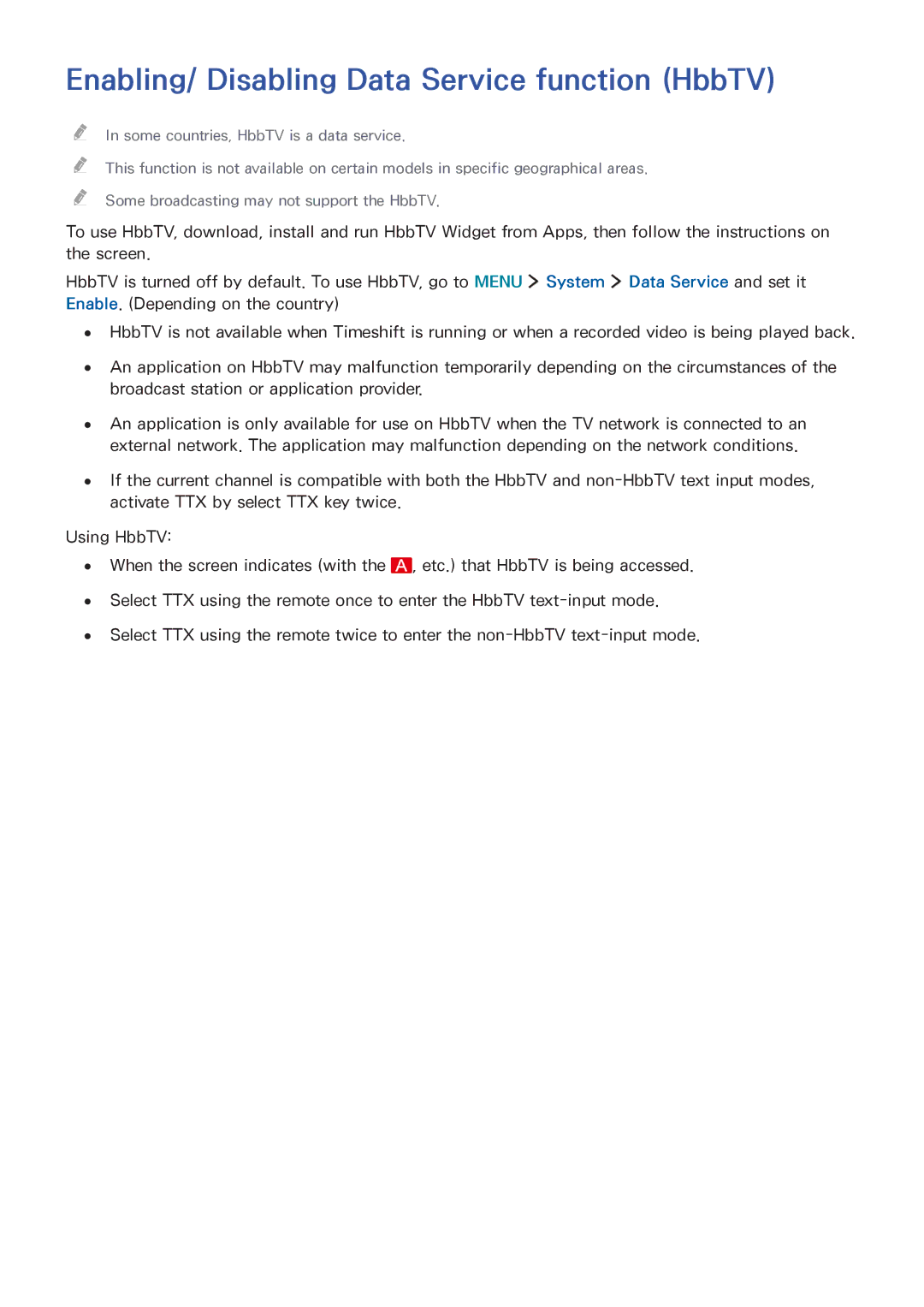 Samsung UA43J5520AKXXV, UA32J5500AKXXV, UA40J6200AKXXV, UA40J6300AKXXV manual Enabling/ Disabling Data Service function HbbTV 