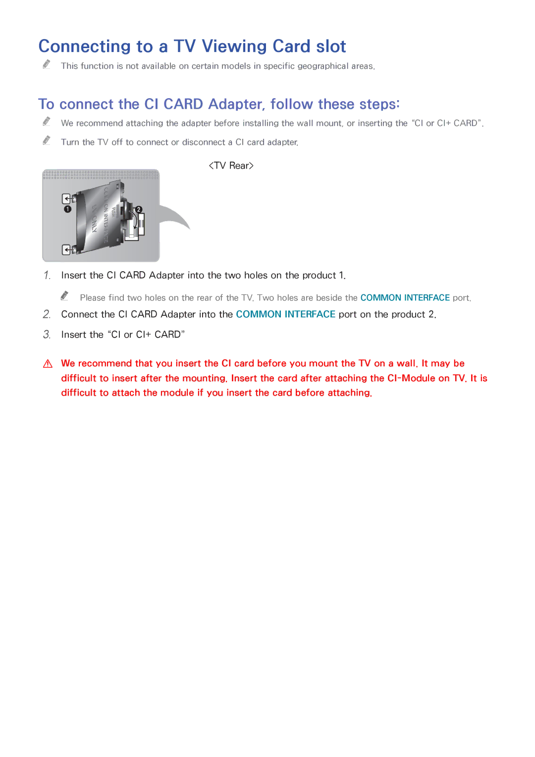 Samsung UA40J6200AKXXV manual Connecting to a TV Viewing Card slot, To connect the CI Card Adapter, follow these steps 