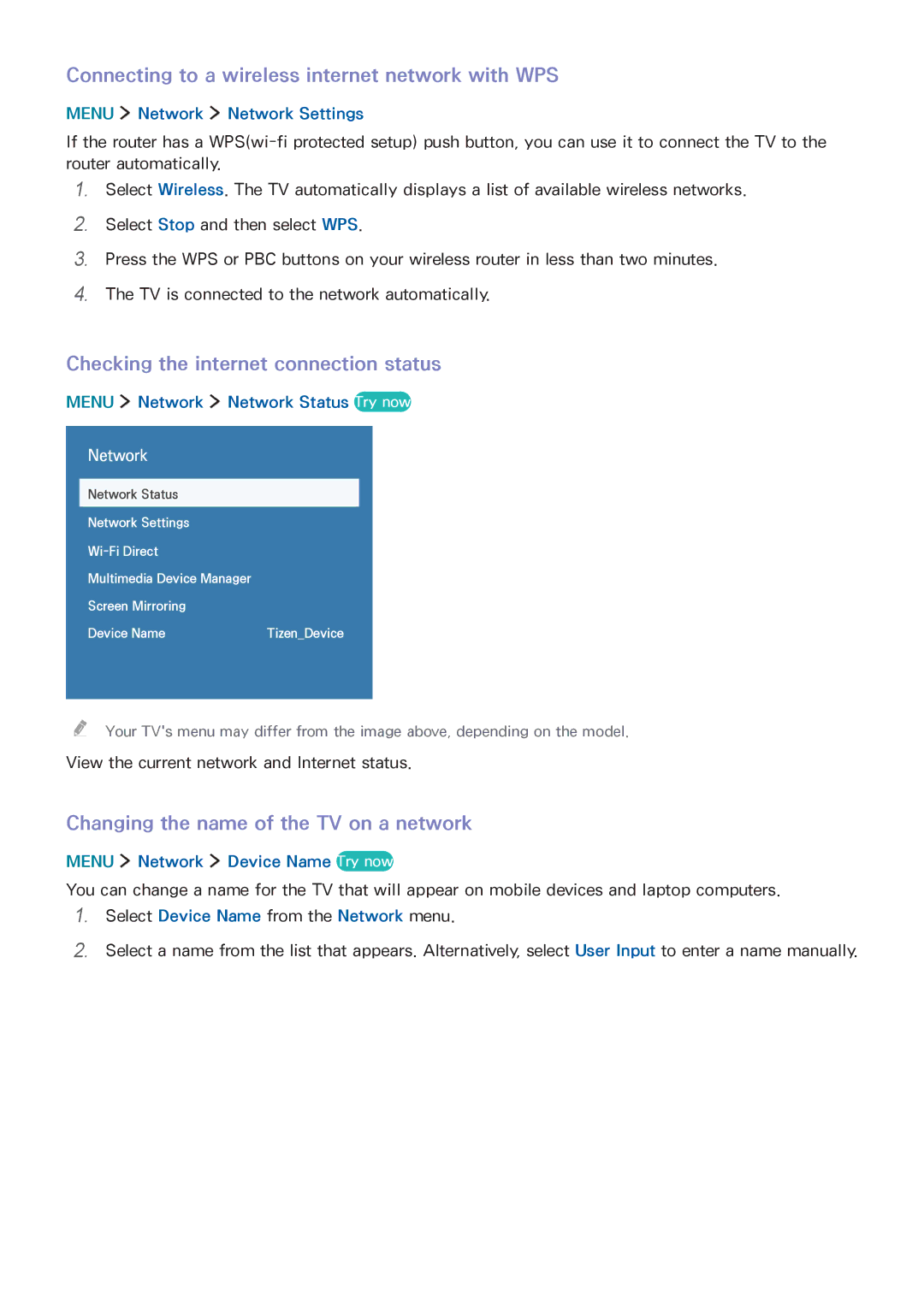 Samsung UA60J6200AKXXV manual Connecting to a wireless internet network with WPS, Checking the internet connection status 