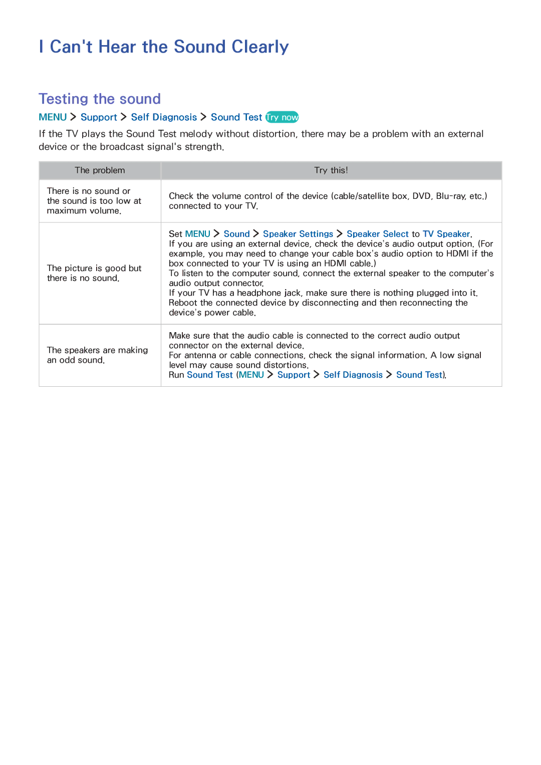 Samsung UA48J6300AKXXV Cant Hear the Sound Clearly, Testing the sound, Menu Support Self Diagnosis Sound Test Try now 