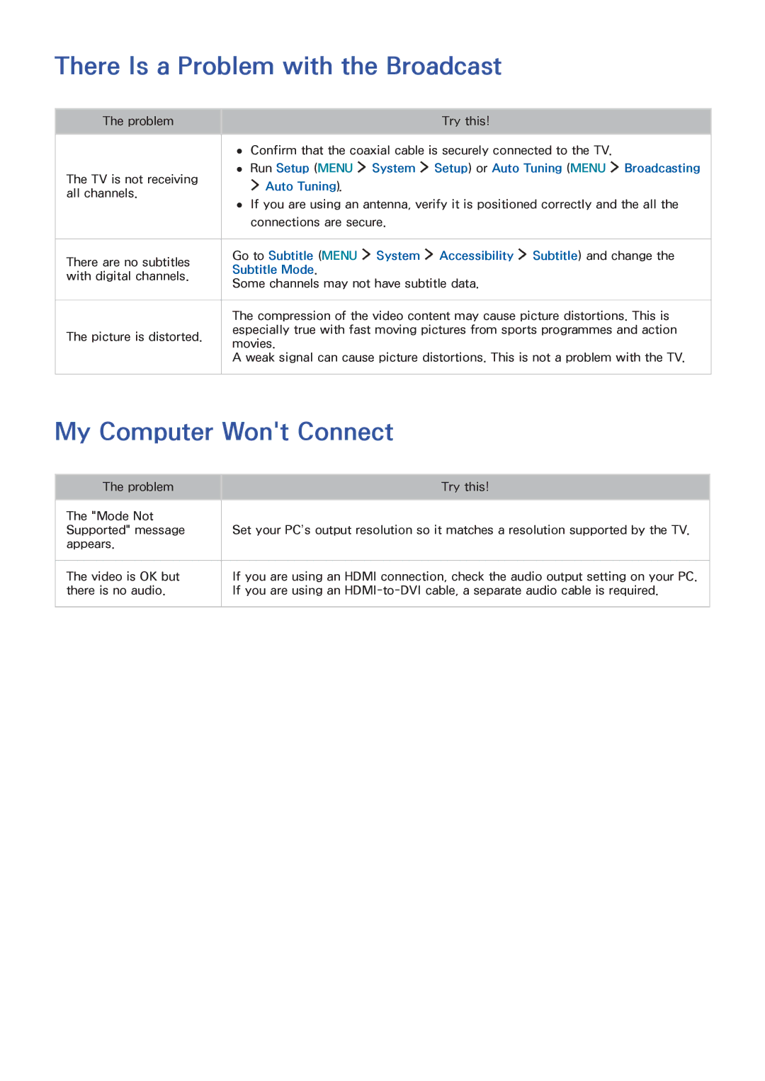 Samsung UA40J5500AKXXV, UA32J5500AKXXV, UA43J5520AKXXV manual There Is a Problem with the Broadcast, My Computer Wont Connect 