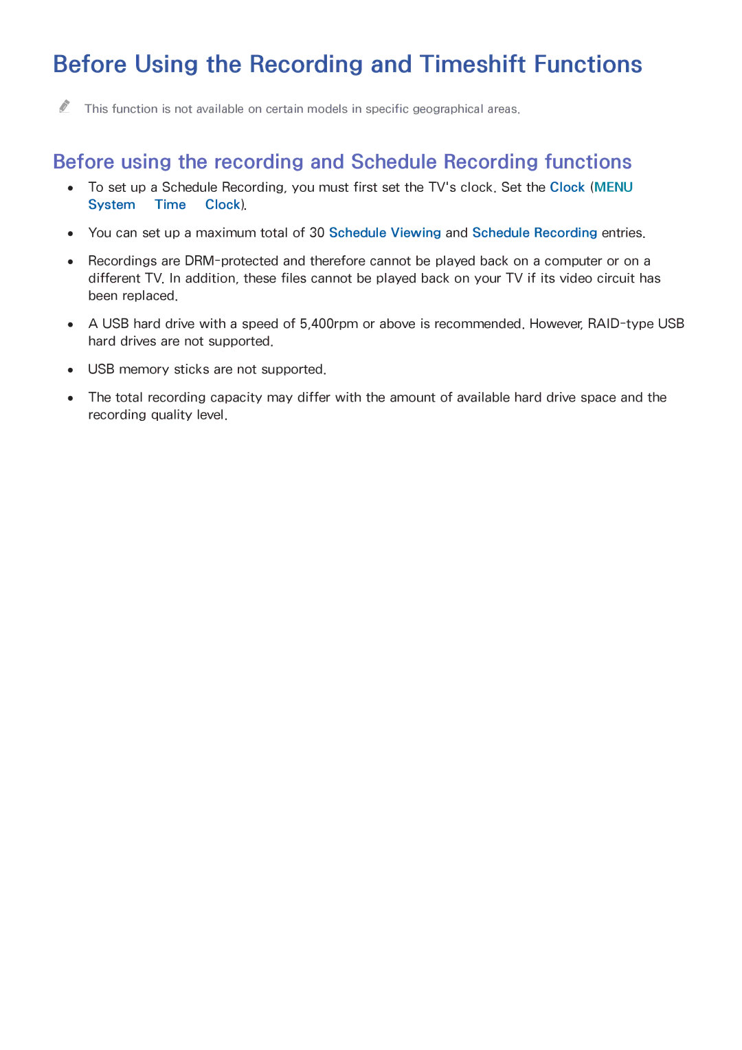 Samsung UA60J6200AWXSQ, UA32J5500AKXXV manual Before Using the Recording and Timeshift Functions, System Time Clock 