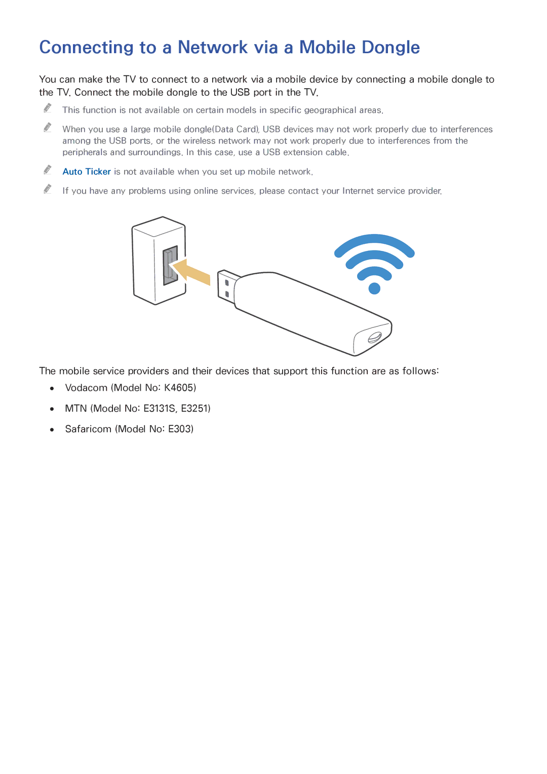 Samsung UA55J6200AKXXV, UA32J5500AKXXV, UA43J5520AKXXV, UA40J6200AKXXV manual Connecting to a Network via a Mobile Dongle 