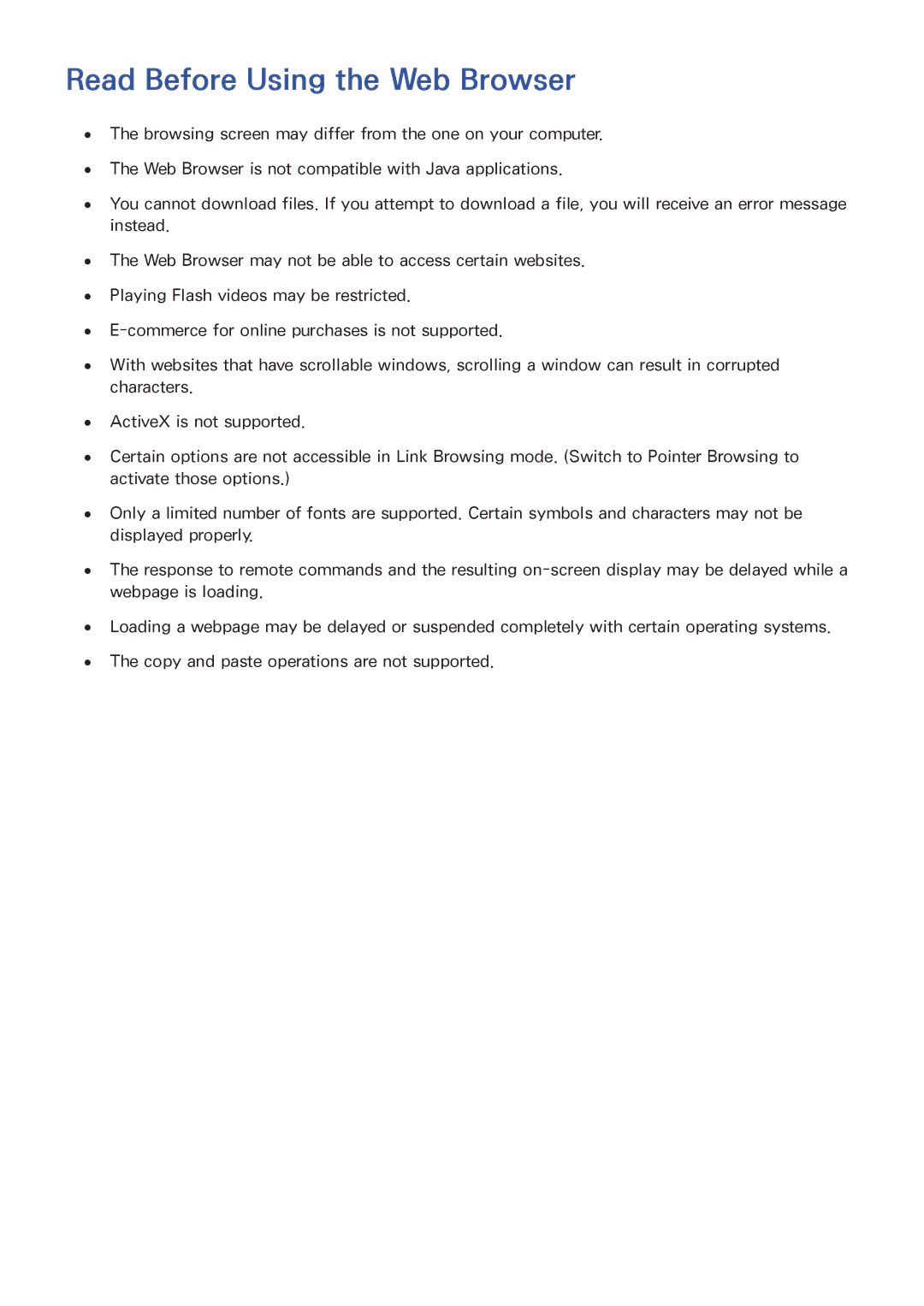 Samsung UA40J6300AWXSQ, UA32J5500AKXXV, UA43J5520AKXXV, UA40J6200AKXXV, UA40J6300AKXXV manual Read Before Using the Web Browser 