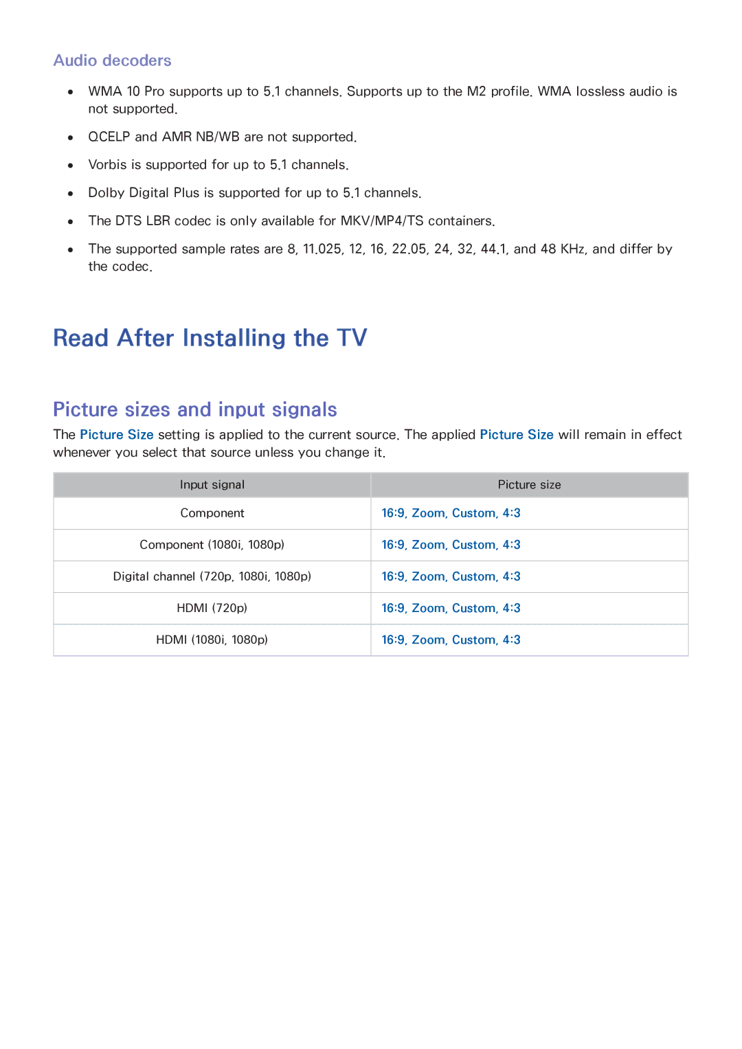 Samsung UA40J6300AKXXV, UA32J5500AKXXV manual Read After Installing the TV, Picture sizes and input signals, Audio decoders 