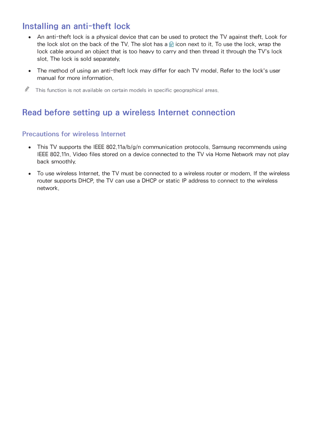 Samsung UA48J5500AKXXV manual Installing an anti-theft lock, Read before setting up a wireless Internet connection 