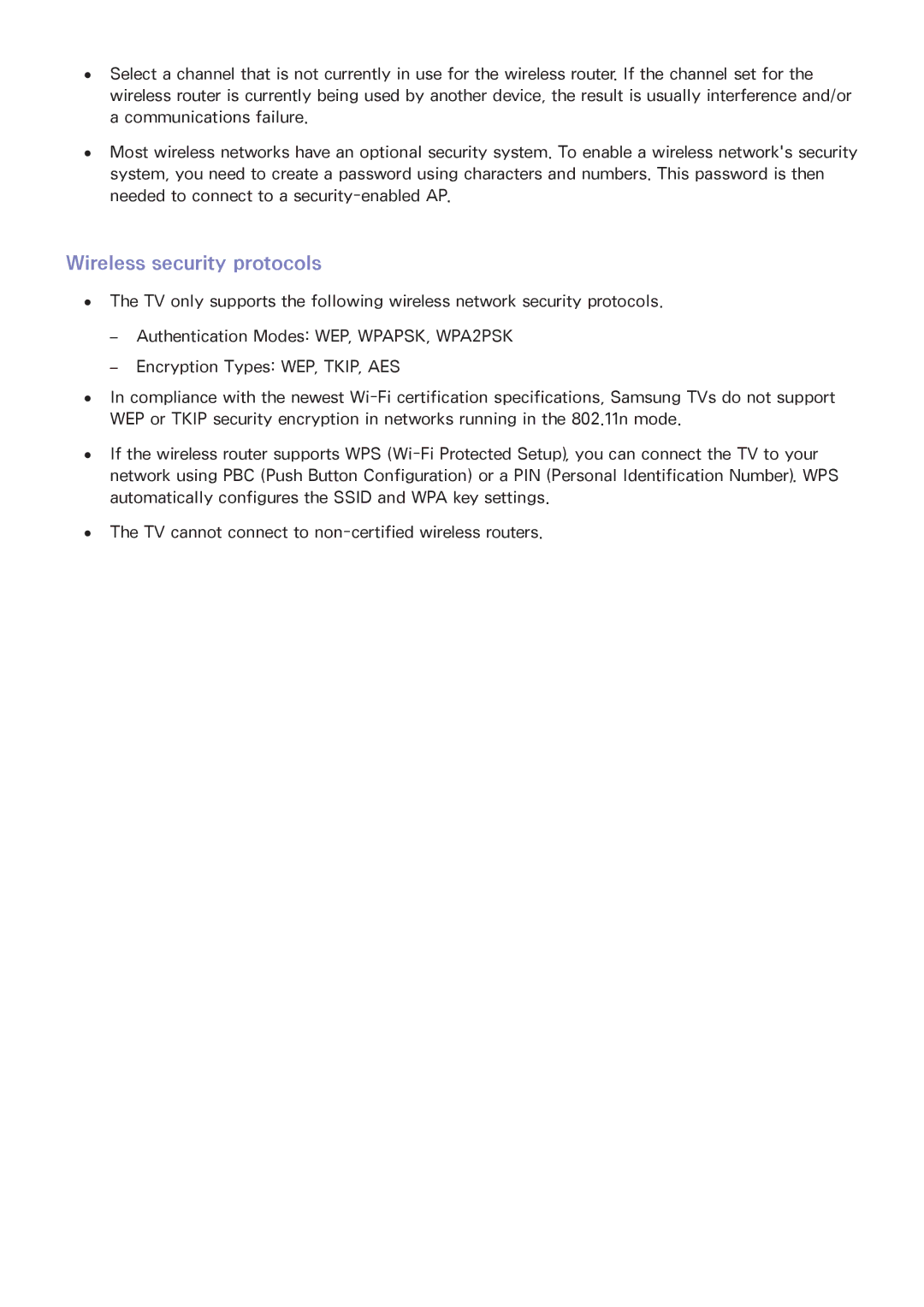 Samsung UA32J6300AKXXV, UA32J5500AKXXV, UA43J5520AKXXV, UA40J6200AKXXV, UA40J6300AKXXV manual Wireless security protocols 