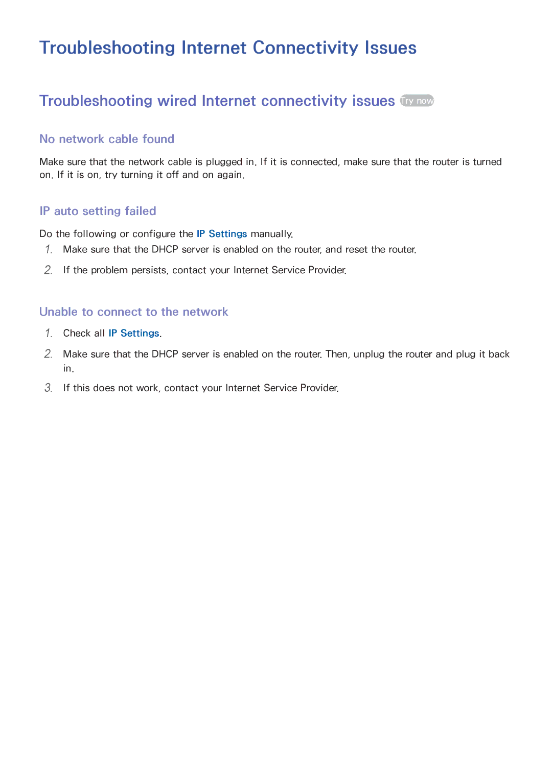 Samsung UA55J6300AWXSQ manual Troubleshooting Internet Connectivity Issues, No network cable found, IP auto setting failed 