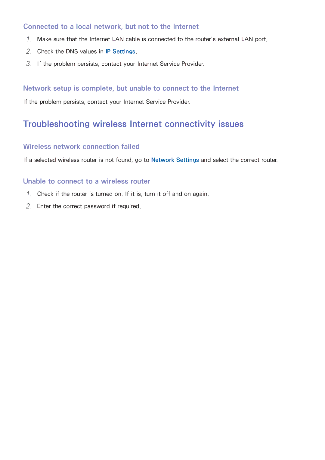 Samsung UA60J6200AWXSQ manual Troubleshooting wireless Internet connectivity issues, Wireless network connection failed 