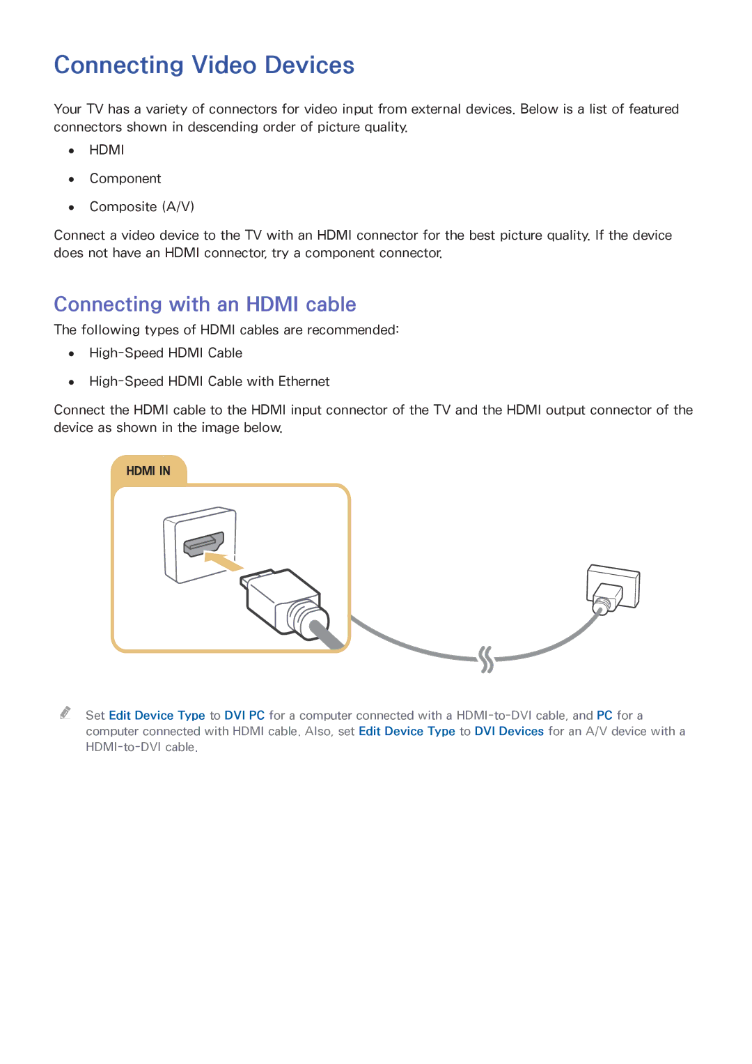 Samsung UA48J6300AWXSQ, UA32J5500AKXXV, UA43J5520AKXXV manual Connecting Video Devices, Connecting with an Hdmi cable 