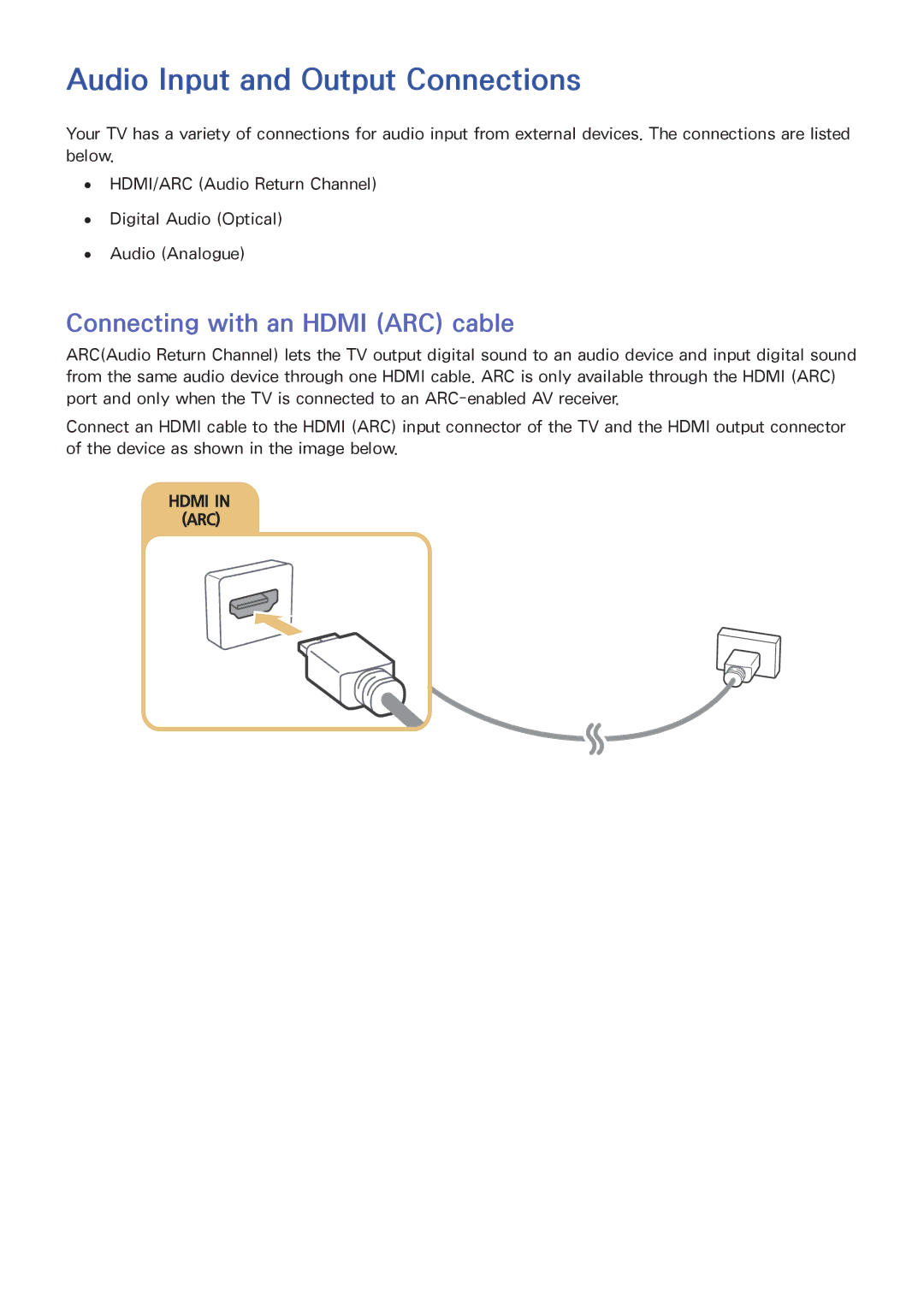 Samsung UA40J6300AWXSQ, UA32J5500AKXXV manual Audio Input and Output Connections, Connecting with an Hdmi ARC cable 