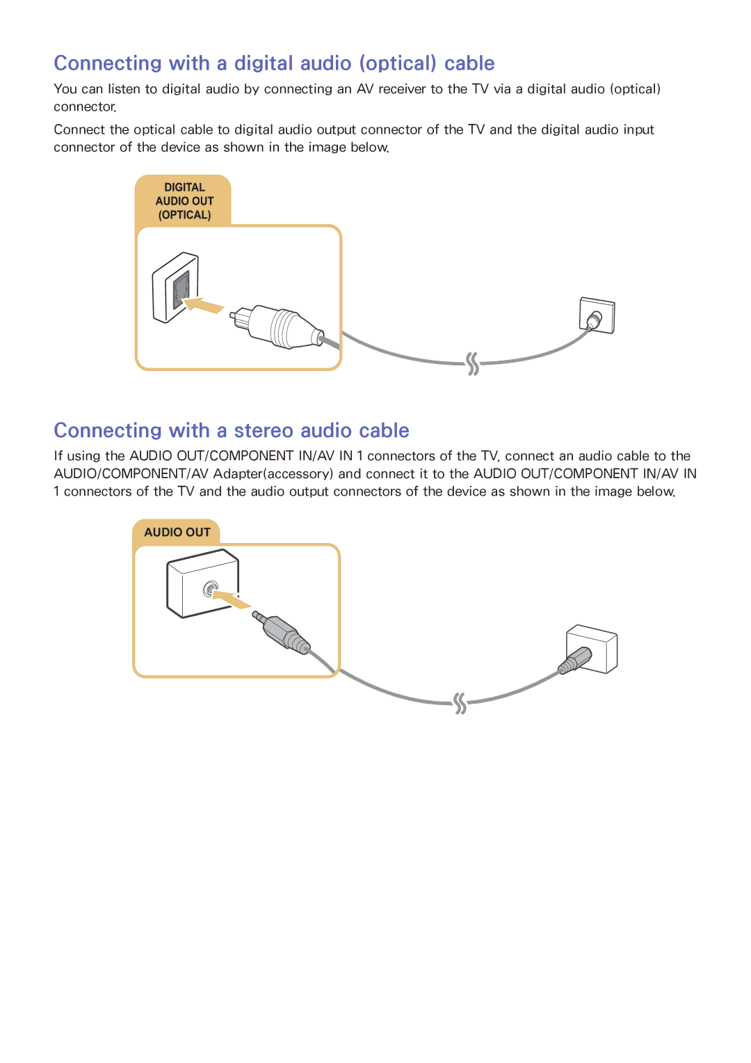 Samsung UA40J5500AWXSQ, UA32J5500AKXXV Connecting with a digital audio optical cable, Connecting with a stereo audio cable 