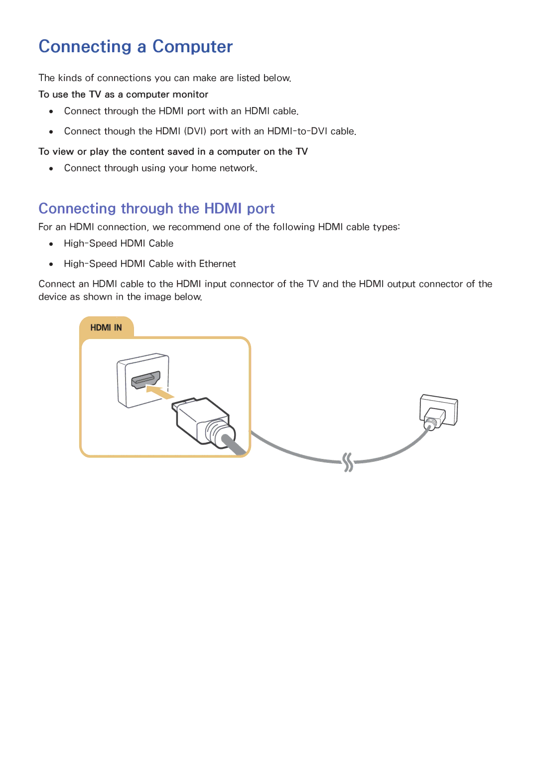 Samsung UA55J5500AWXSQ Connecting a Computer, Connecting through the Hdmi port, Connect through using your home network 