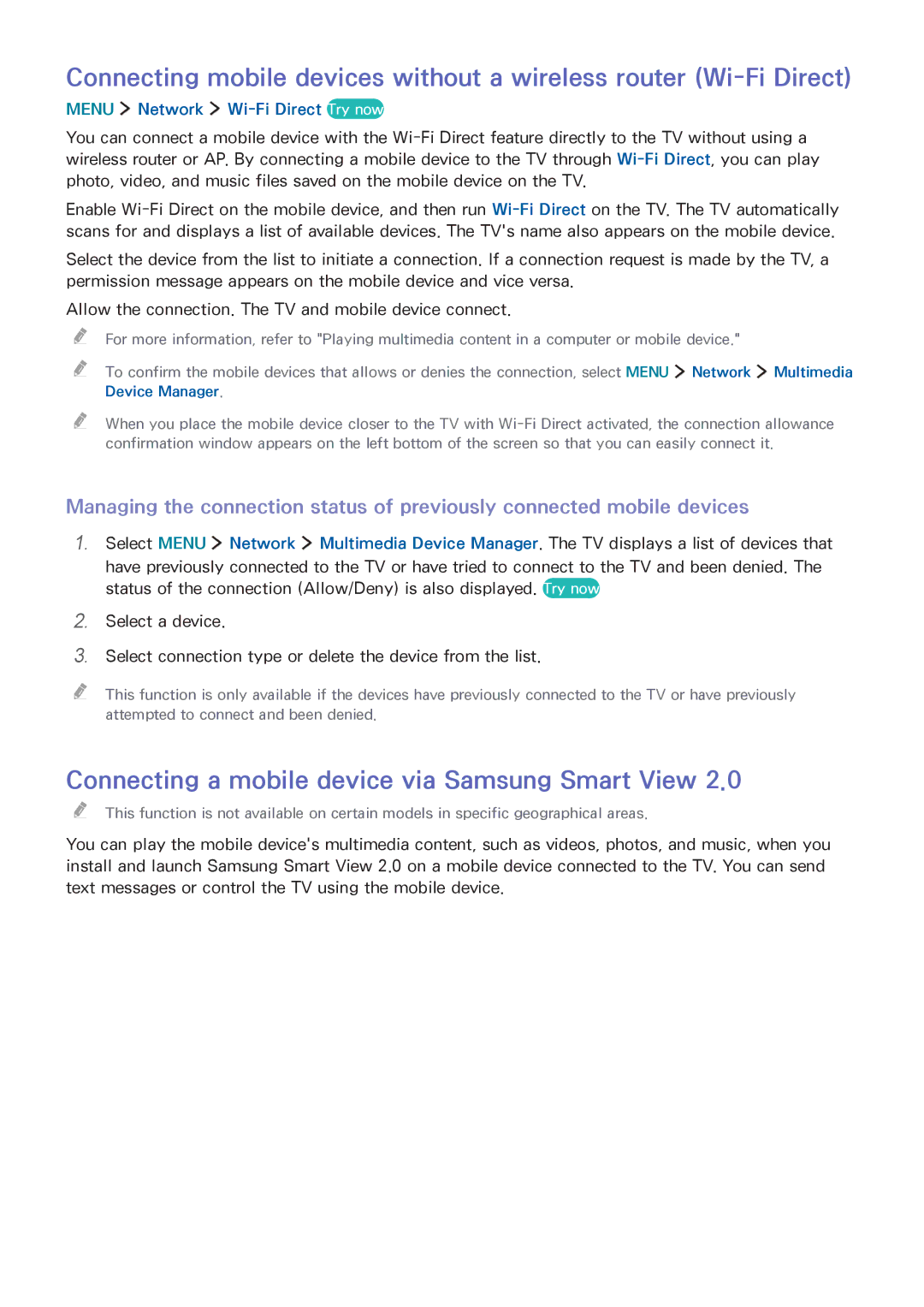 Samsung UA40J6300AKXXV manual Connecting a mobile device via Samsung Smart View, Menu Network Wi-Fi Direct Try now 