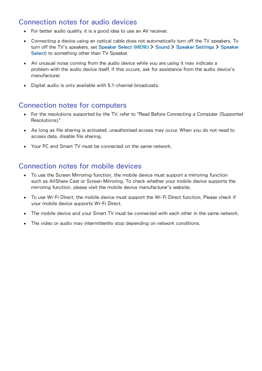 Samsung UA40J5520AKXXV, UA32J5500AKXXV, UA43J5520AKXXV Connection notes for audio devices, Connection notes for computers 