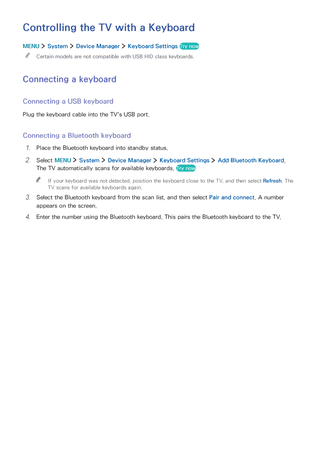 Samsung UA48J5520AKXXV manual Controlling the TV with a Keyboard, Connecting a keyboard, Connecting a USB keyboard 