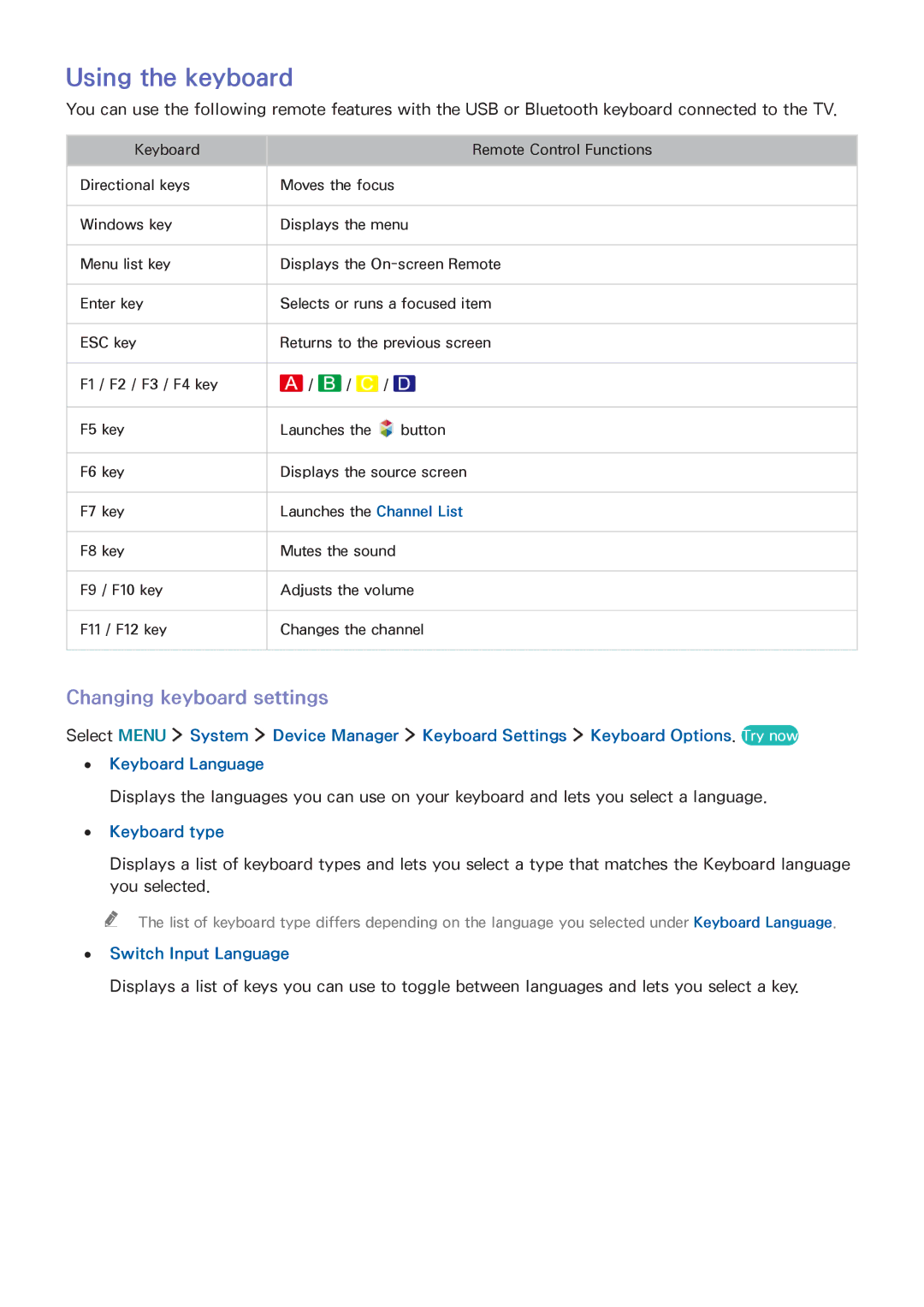 Samsung UA55J6300AKXXV manual Using the keyboard, Changing keyboard settings, Keyboard type, Switch Input Language 