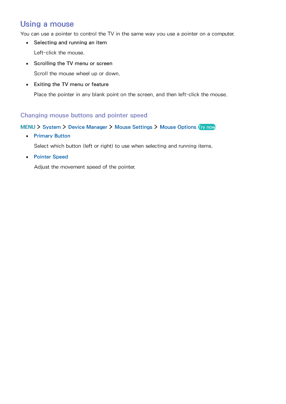 Samsung UA48J6300AKXXV, UA32J5500AKXXV manual Using a mouse, Changing mouse buttons and pointer speed, Pointer Speed 