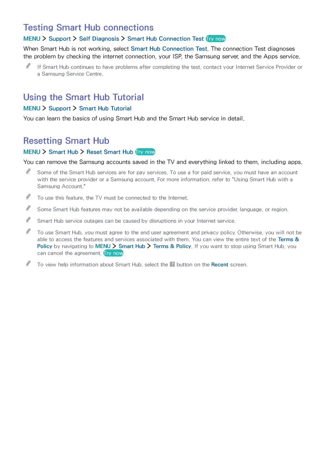 Samsung UA60J6200AKXXV, UA32J5500AKXXV Testing Smart Hub connections, Using the Smart Hub Tutorial, Resetting Smart Hub 