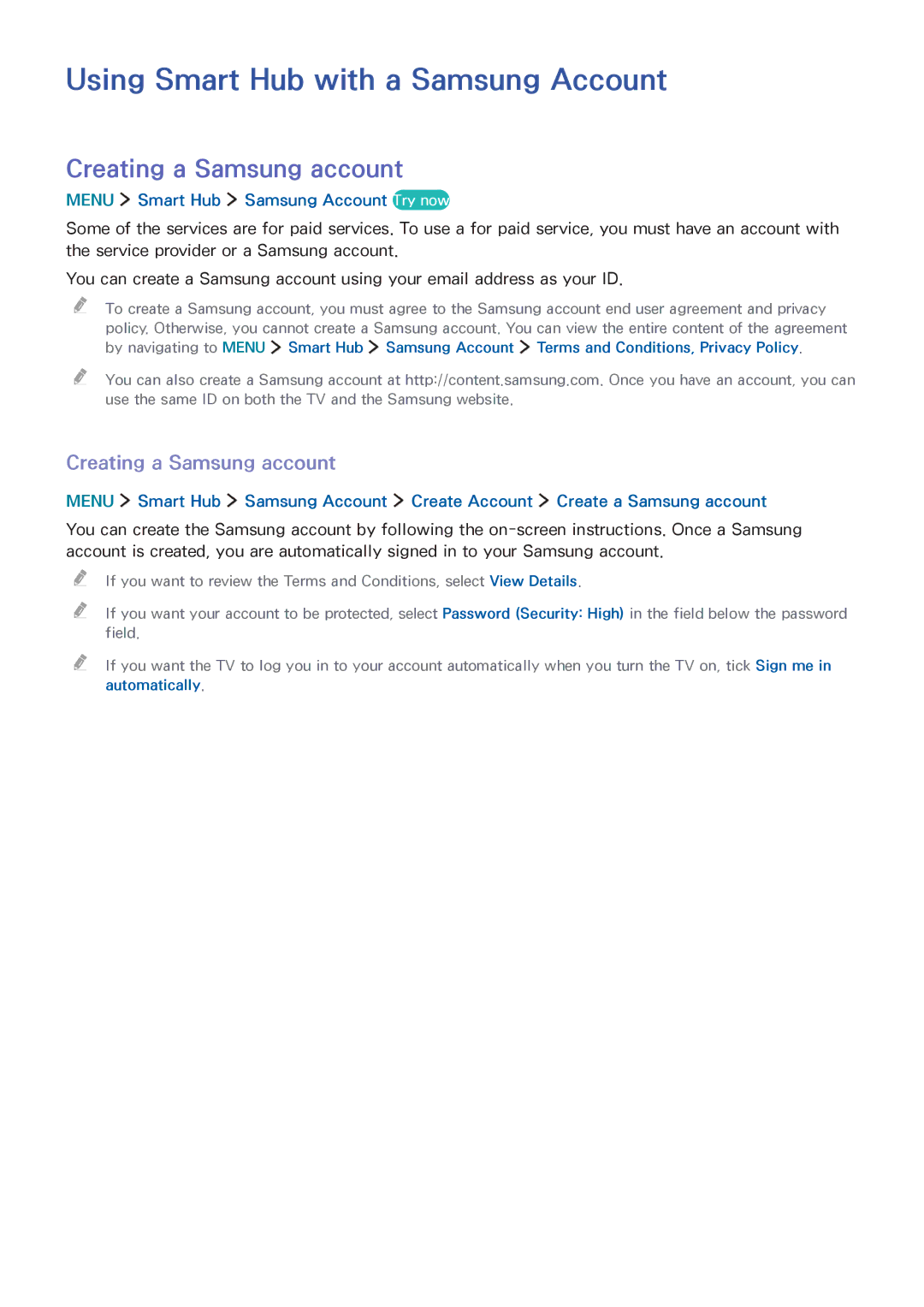 Samsung UA55J6200AKXXV, UA32J5500AKXXV, UA43J5520AKXXV Using Smart Hub with a Samsung Account, Creating a Samsung account 
