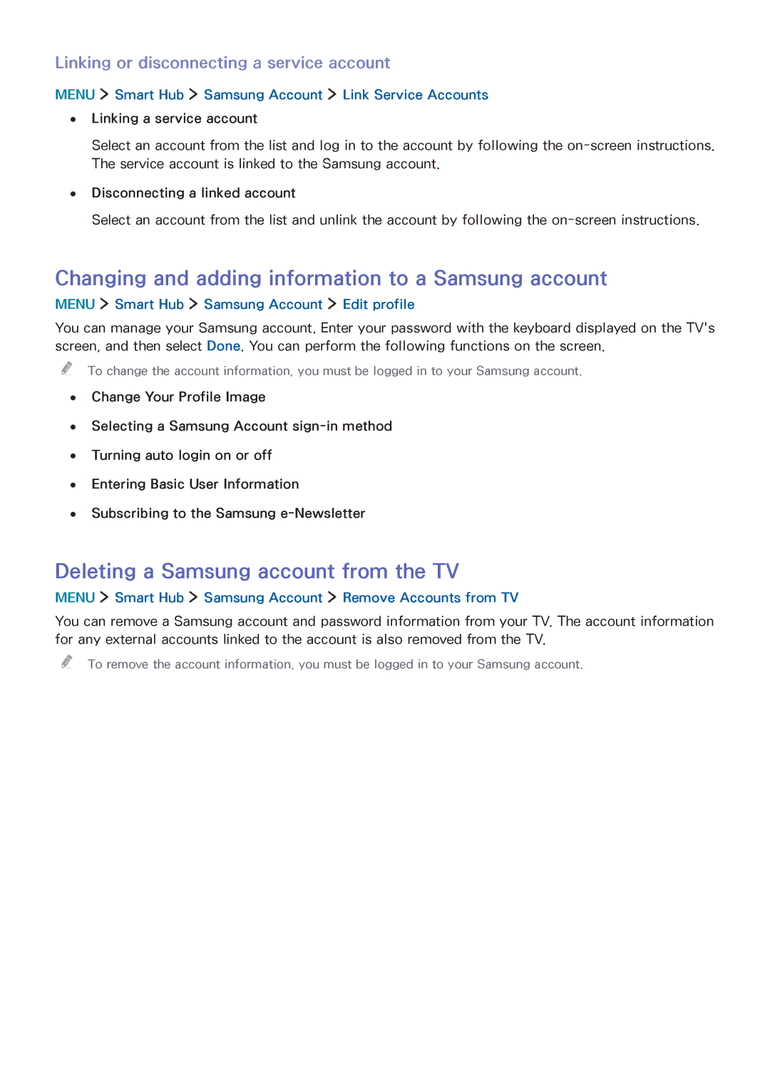 Samsung UA55J6300AWXSQ manual Changing and adding information to a Samsung account, Deleting a Samsung account from the TV 