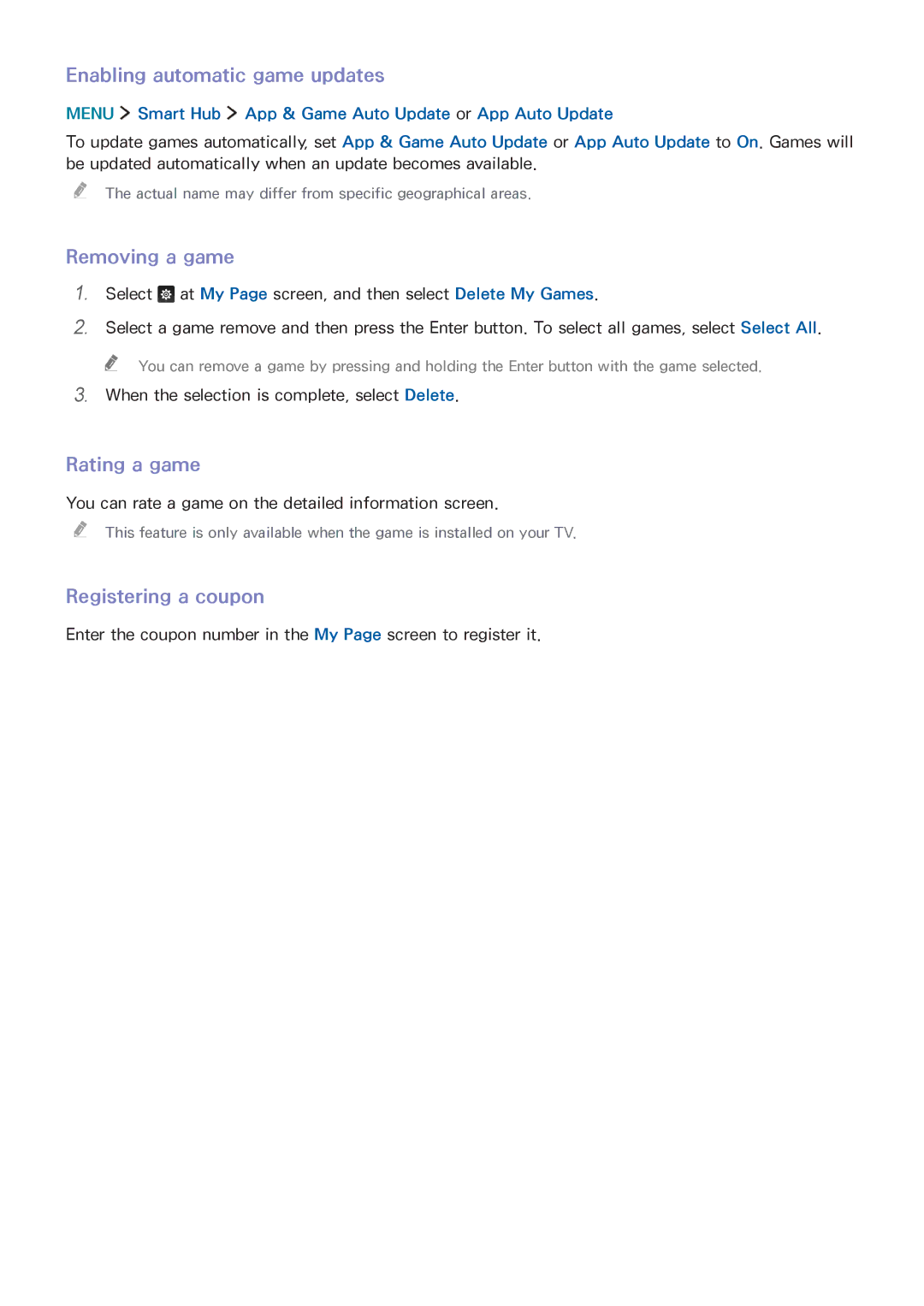 Samsung UA48J6300AWXSQ manual Enabling automatic game updates, Removing a game, Rating a game, Registering a coupon 