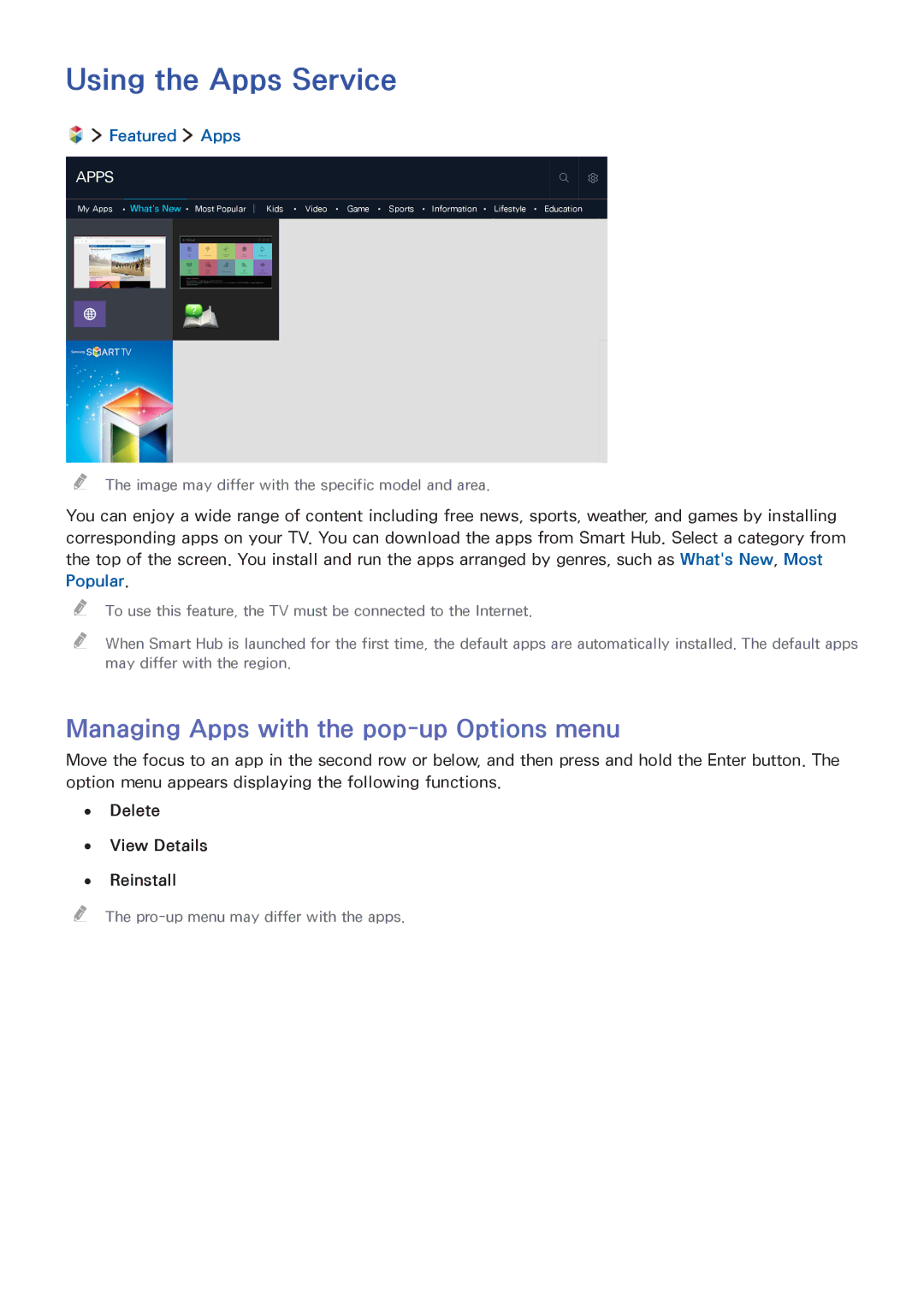 Samsung UA40J6200AWXSQ, UA32J5500AKXXV Using the Apps Service, Managing Apps with the pop-up Options menu, Featured Apps 