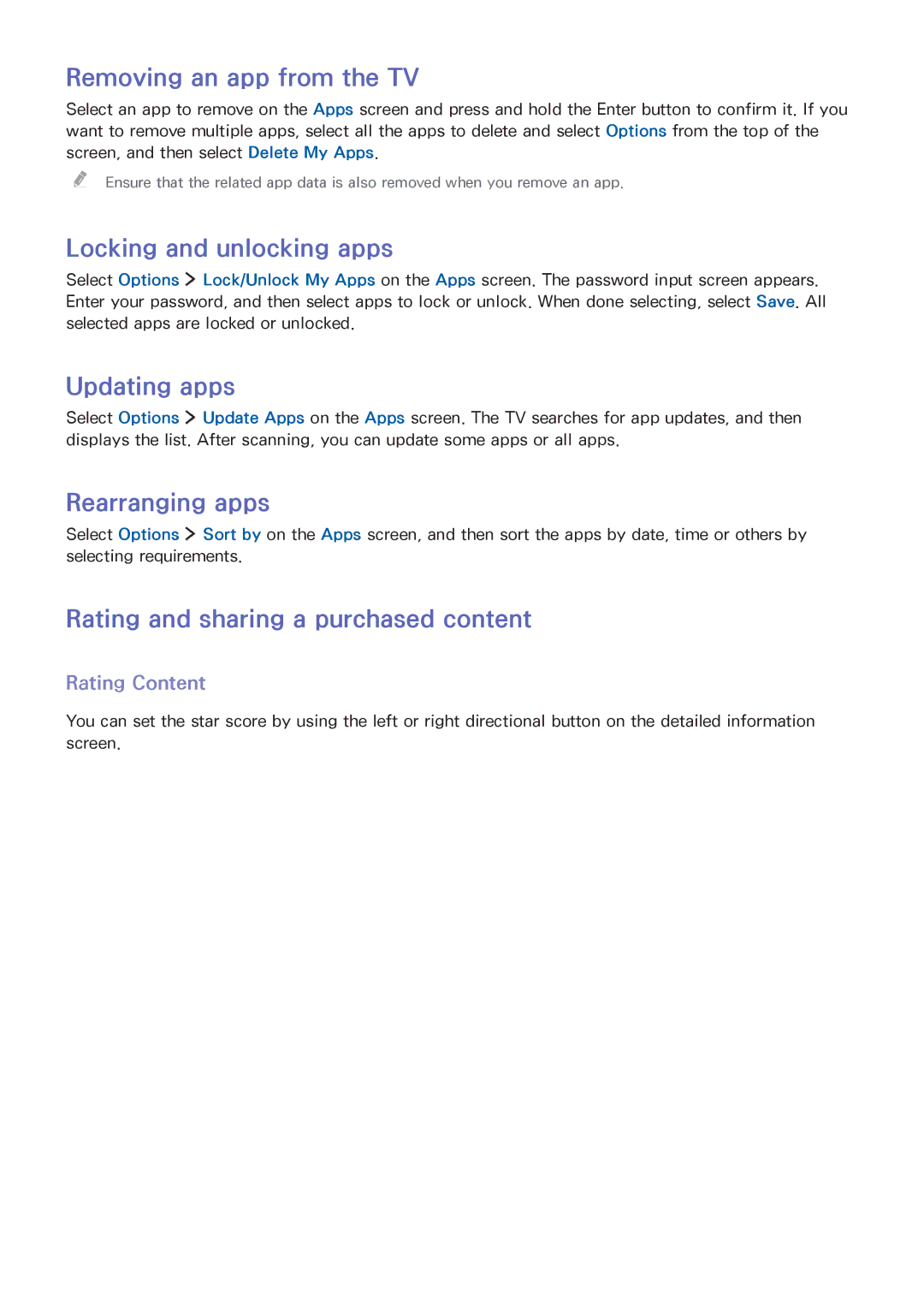 Samsung UA40J5500AWXSQ manual Removing an app from the TV, Locking and unlocking apps, Updating apps, Rearranging apps 