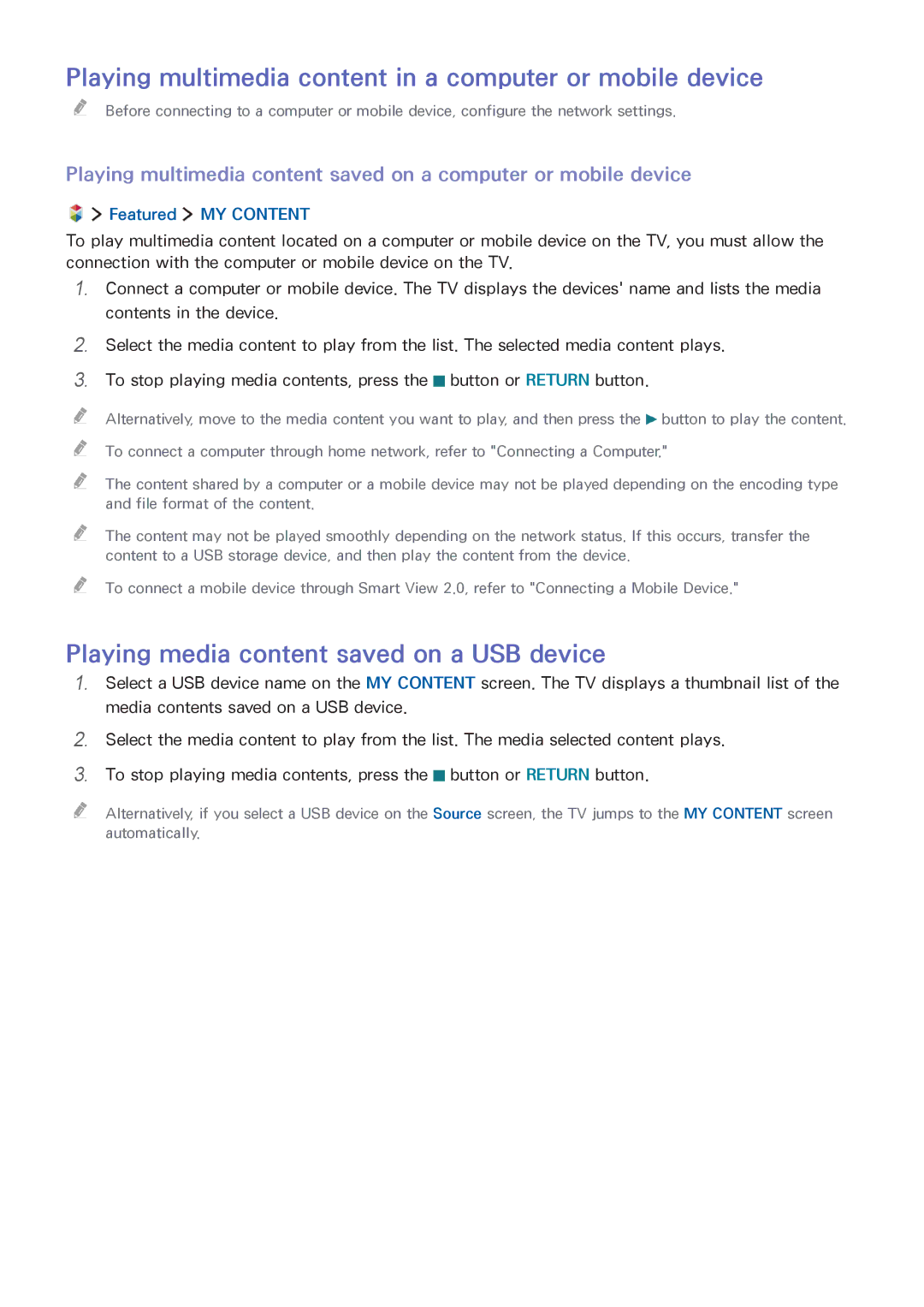 Samsung UA40J6300AKXXV, UA32J5500AKXXV manual Playing multimedia content in a computer or mobile device, Featured MY Content 