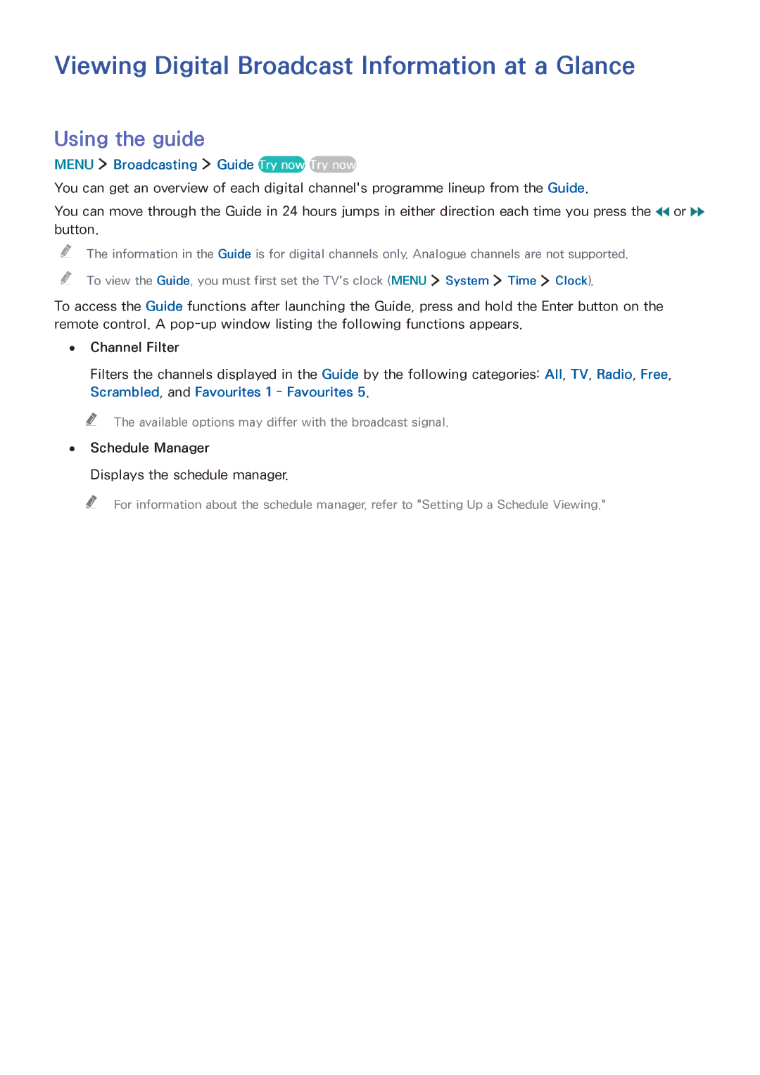 Samsung UA48J6300AKXXV Viewing Digital Broadcast Information at a Glance, Using the guide, Displays the schedule manager 