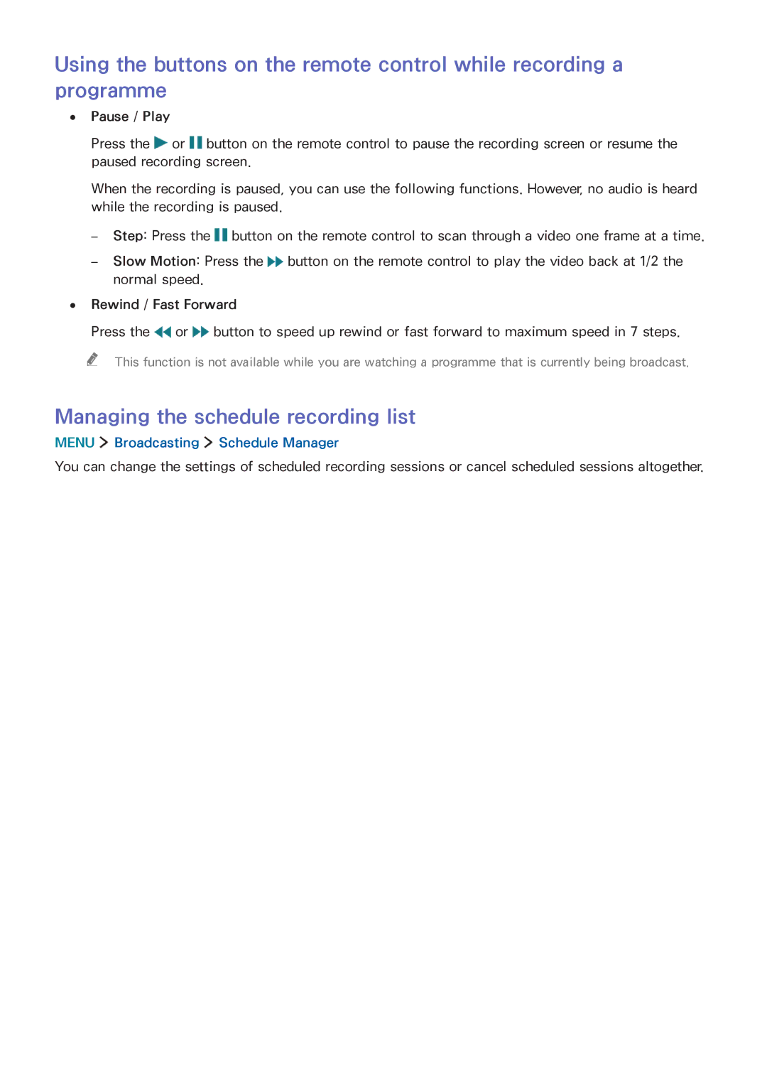 Samsung UA32J5500AWXSQ, UA32J5500AKXXV manual Managing the schedule recording list, Menu Broadcasting Schedule Manager 