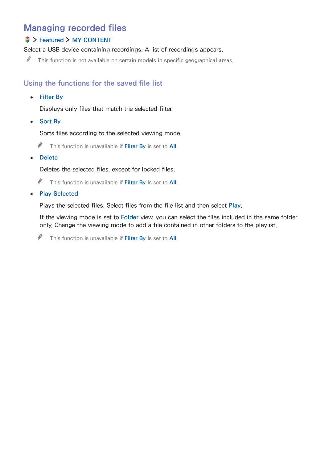 Samsung UA43J5500AWXSQ, UA32J5500AKXXV, UA43J5520AKXXV Managing recorded files, Using the functions for the saved file list 