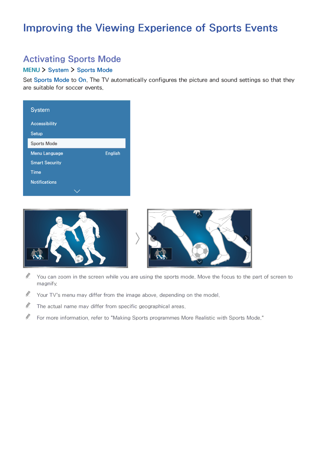 Samsung UA48J5520AKXXV Improving the Viewing Experience of Sports Events, Activating Sports Mode, Menu System Sports Mode 