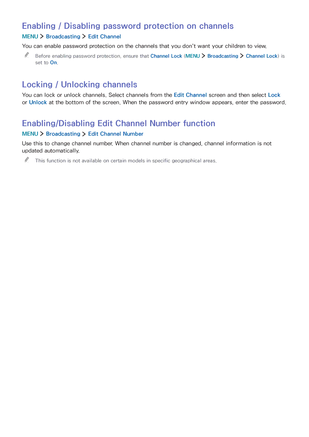 Samsung UA40J6200AKXXV, UA32J5500AKXXV Enabling / Disabling password protection on channels, Locking / Unlocking channels 