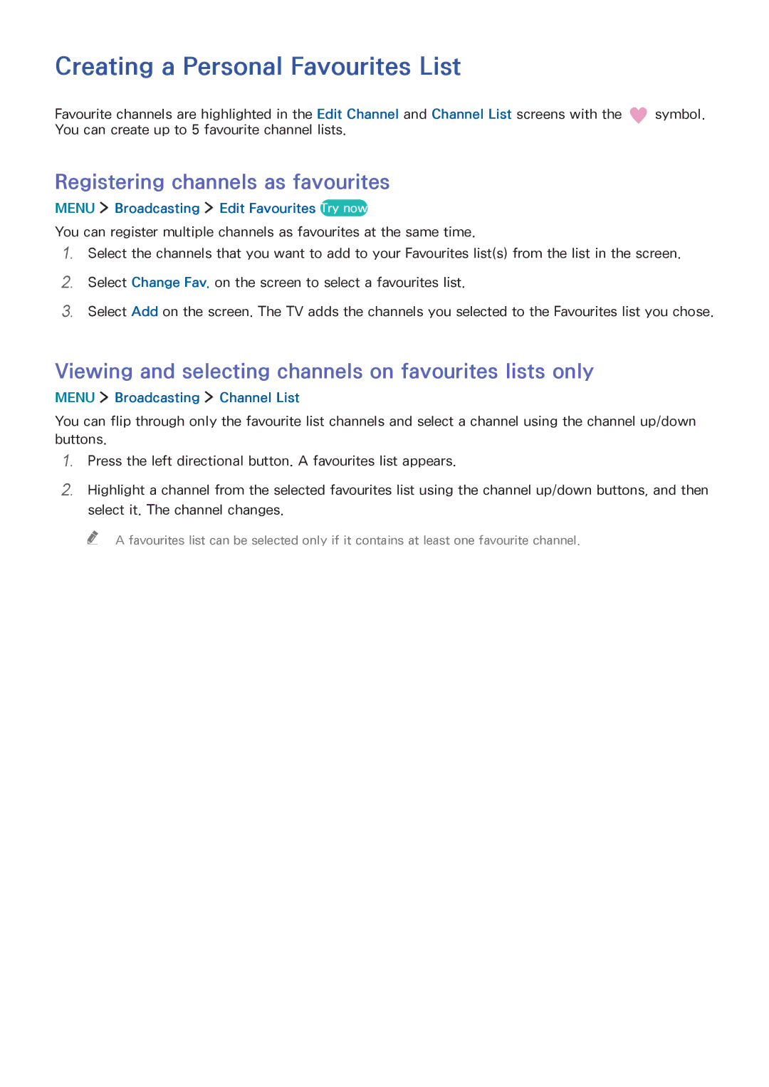 Samsung UA40J6300AKXXV, UA32J5500AKXXV manual Creating a Personal Favourites List, Registering channels as favourites 