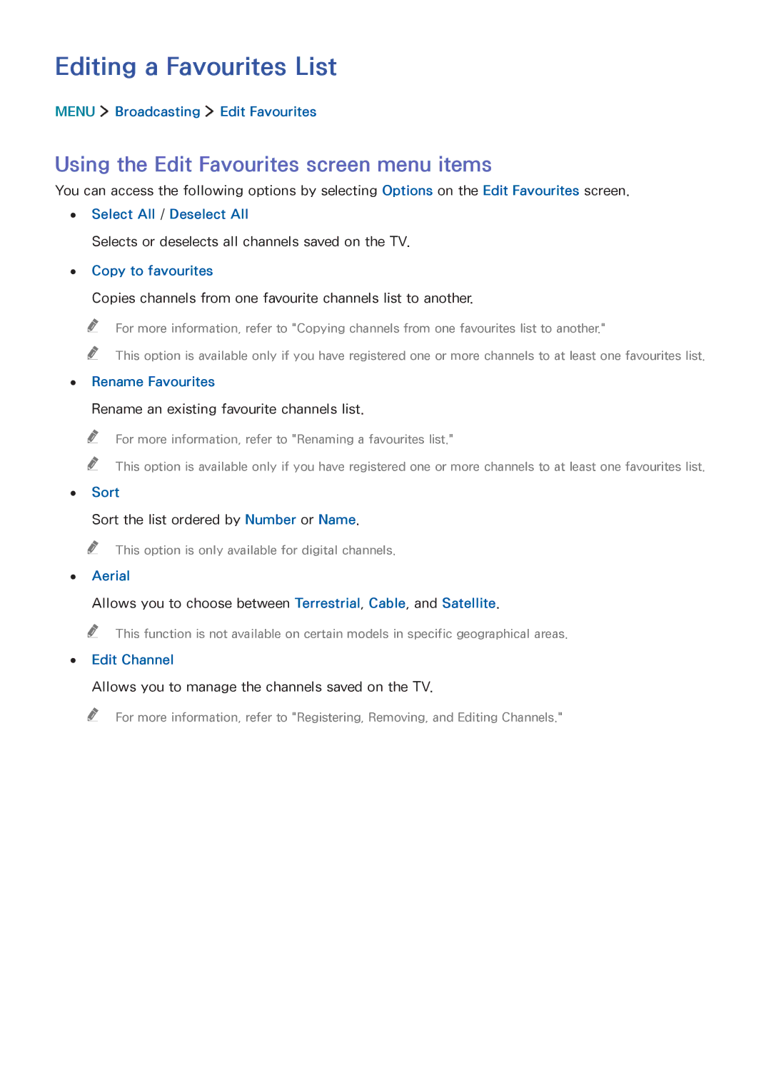 Samsung UA48J5500AKXXV, UA32J5500AKXXV manual Editing a Favourites List, Using the Edit Favourites screen menu items 