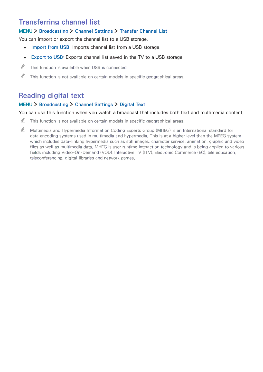 Samsung UA32J5500AWXSQ Transferring channel list, Reading digital text, Menu Broadcasting Channel Settings Digital Text 