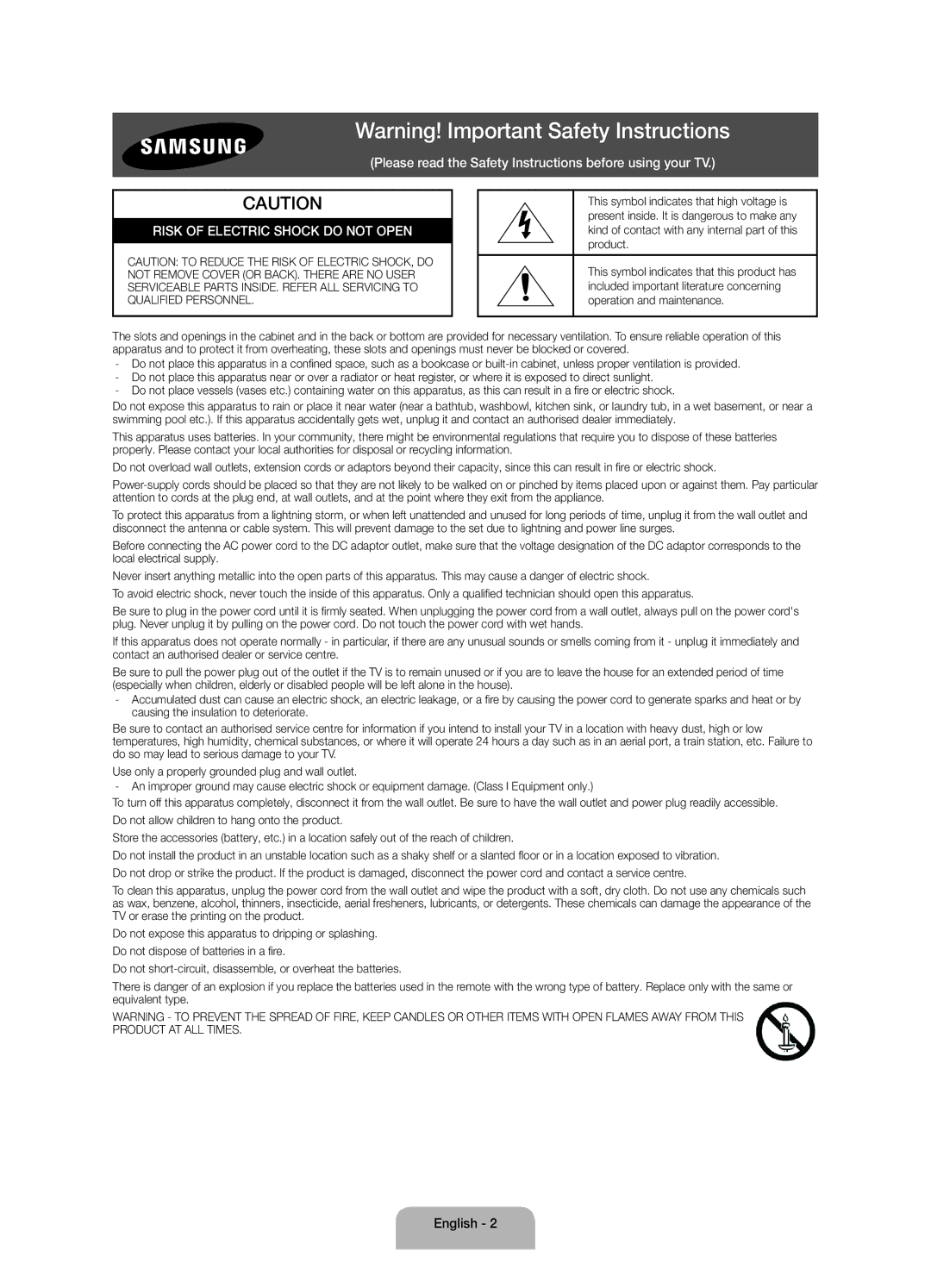 Samsung UA43J5500AKXXV, UA32J5500AKXXV, UA48J5500AKXXV, UA40J5500AKXXV, UA55J5500AKXXV Risk of Electric Shock do not Open 