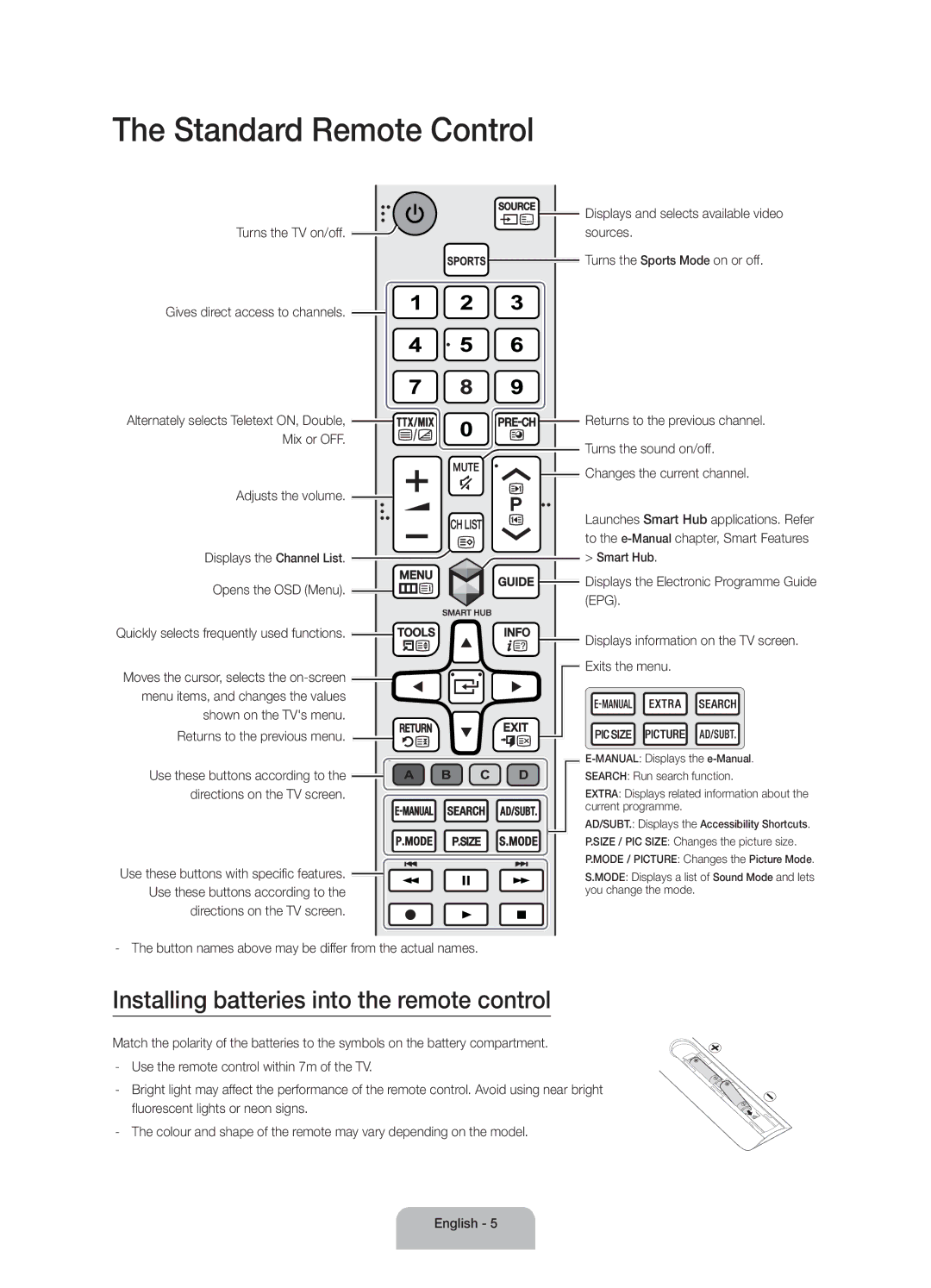 Samsung UA32J5500AWXSQ, UA32J5500AKXXV manual Standard Remote Control, Installing batteries into the remote control 