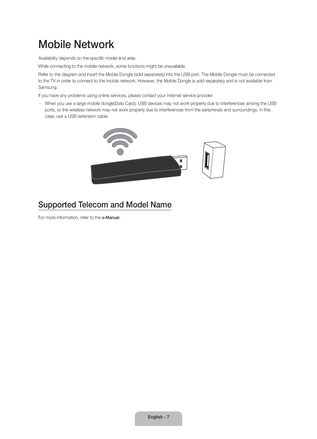 Samsung UA40J5500AWXSQ, UA32J5500AKXXV, UA48J5500AKXXV, UA43J5500AKXXV manual Mobile Network, Supported Telecom and Model Name 