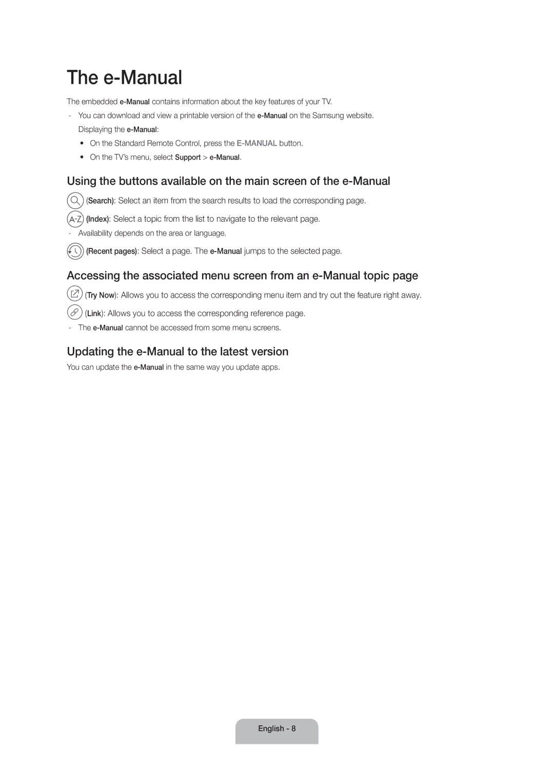 Samsung UA55J5500AWXSQ, UA32J5500AKXXV manual E-Manual, Accessing the associated menu screen from an e-Manual topic 