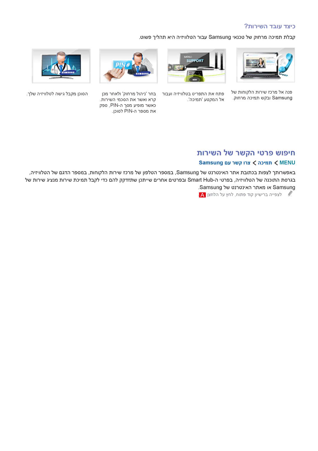 Samsung UA40J6200AWXSQ, UA32J5500AWXSQ manual תורישה לש רשקה יטרפ שופיח, ?תורישה דבוע דציכ, Samsung םע רשק ורצ הכימת Menu 